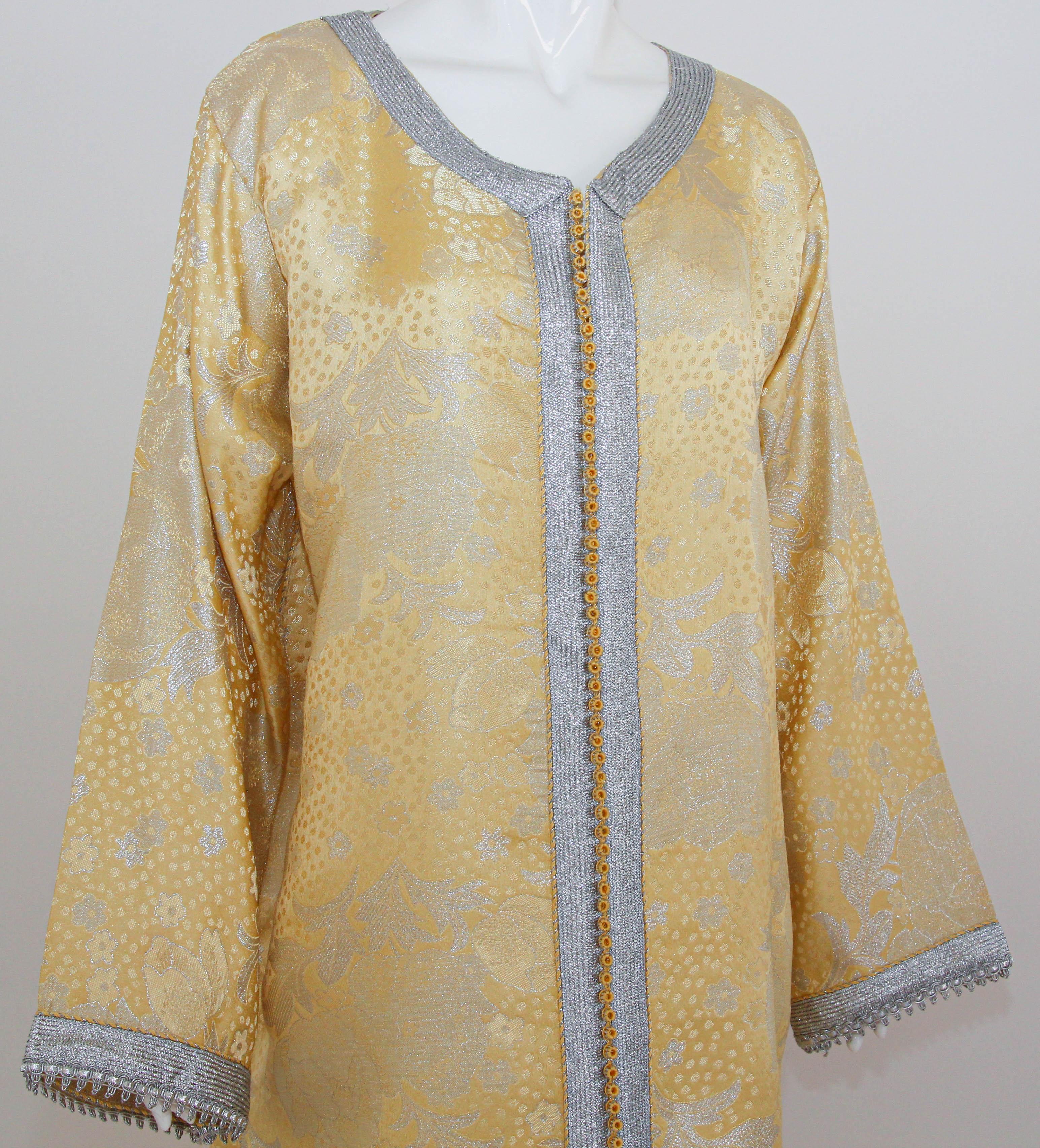 1970 Metallic Gold and Silver Brocade Maxi Dress Caftan Gown Kaftan For Sale 10