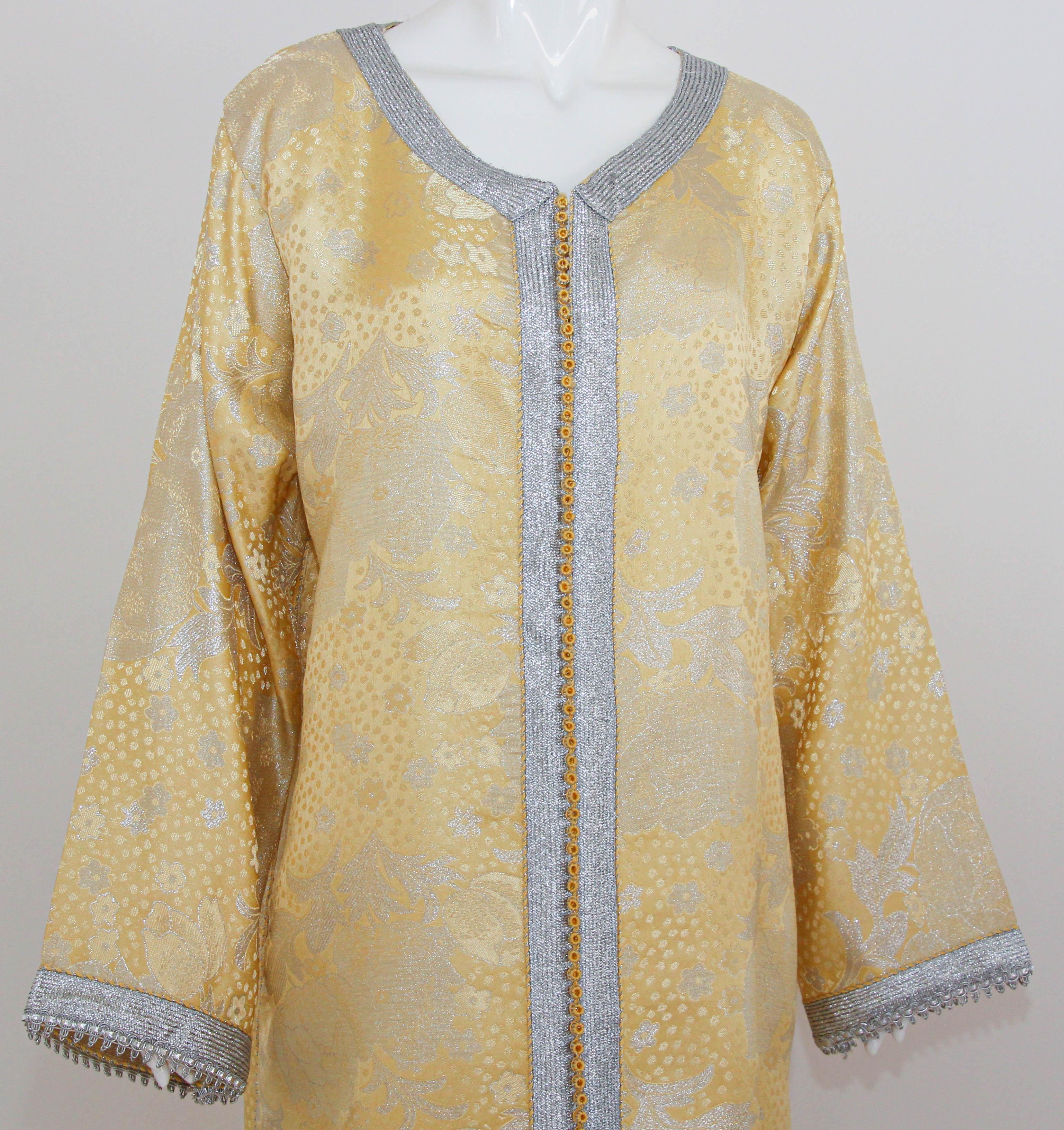 1970 Metallic Gold and Silver Brocade Maxi Dress Caftan Gown Kaftan For Sale 13