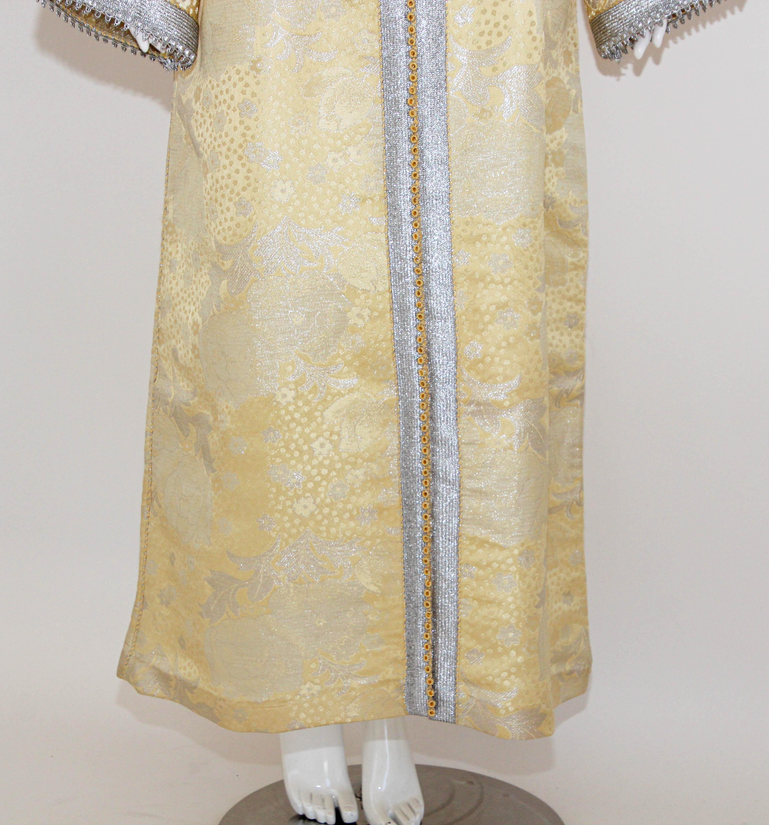 Beige 1970 Metallic Gold and Silver Brocade Maxi Dress Caftan Gown Kaftan For Sale