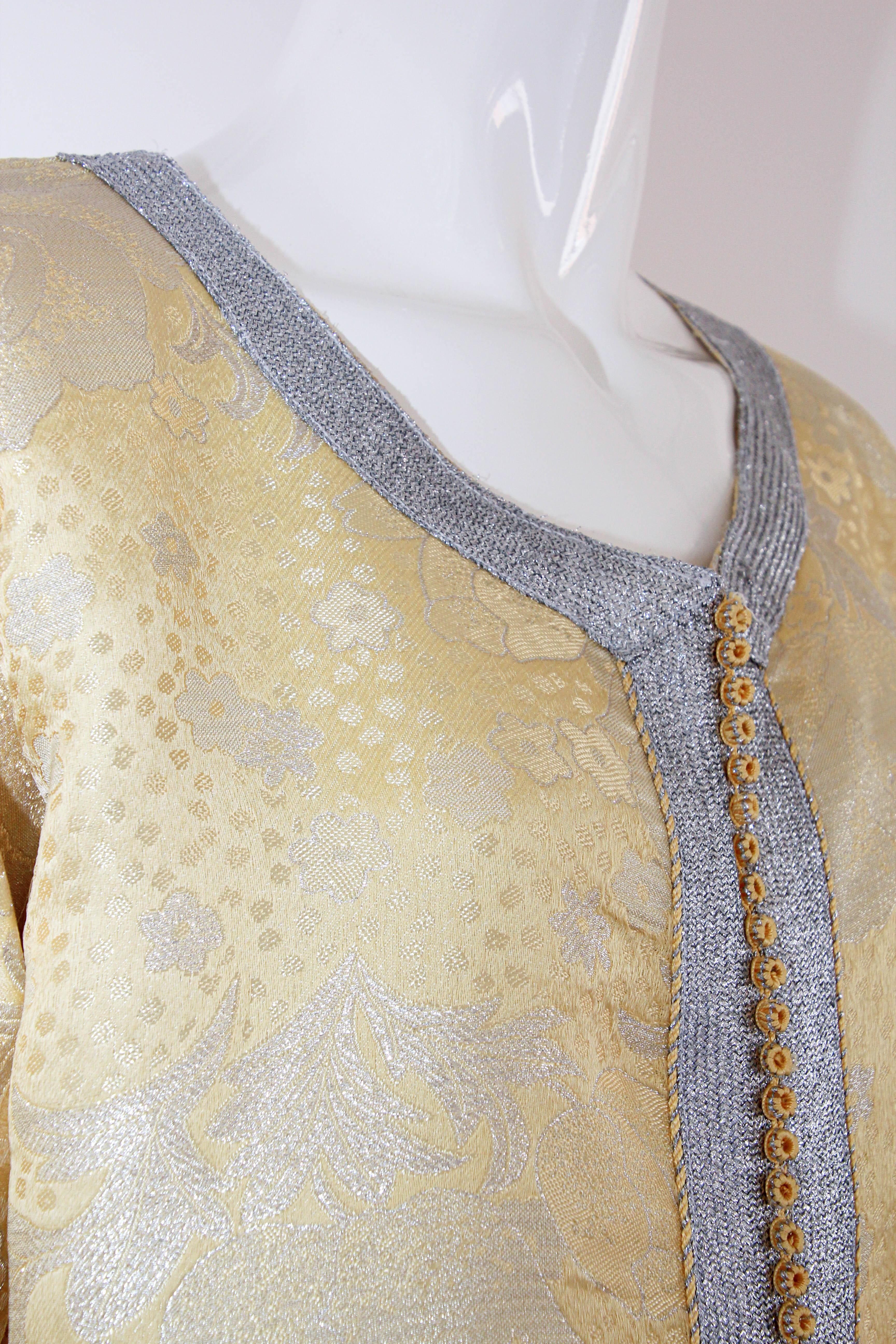 Women's or Men's 1970 Metallic Gold and Silver Brocade Maxi Dress Caftan Gown Kaftan For Sale
