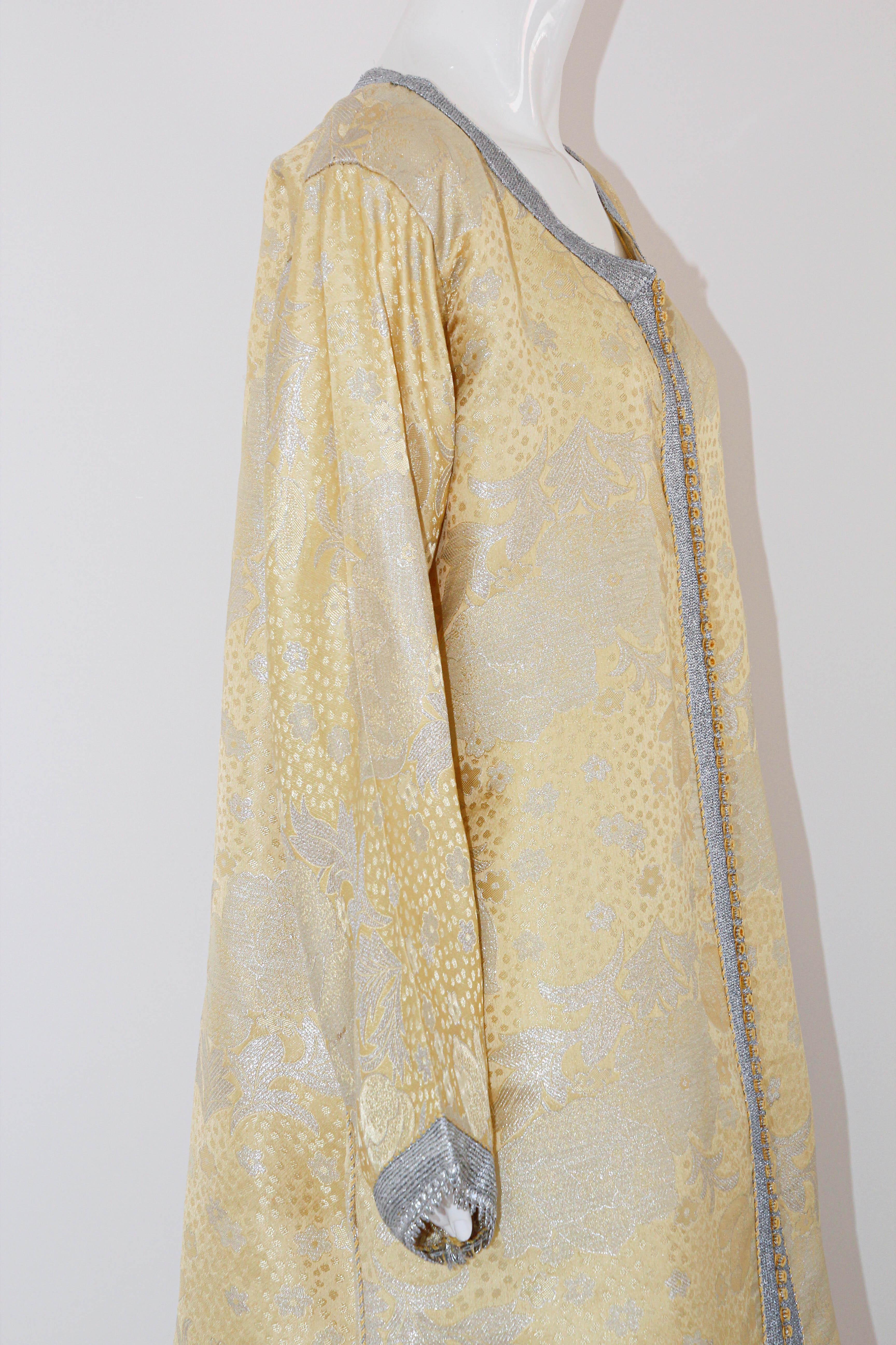 1970 Metallic Gold and Silver Brocade Maxi Dress Caftan Gown Kaftan For Sale 4
