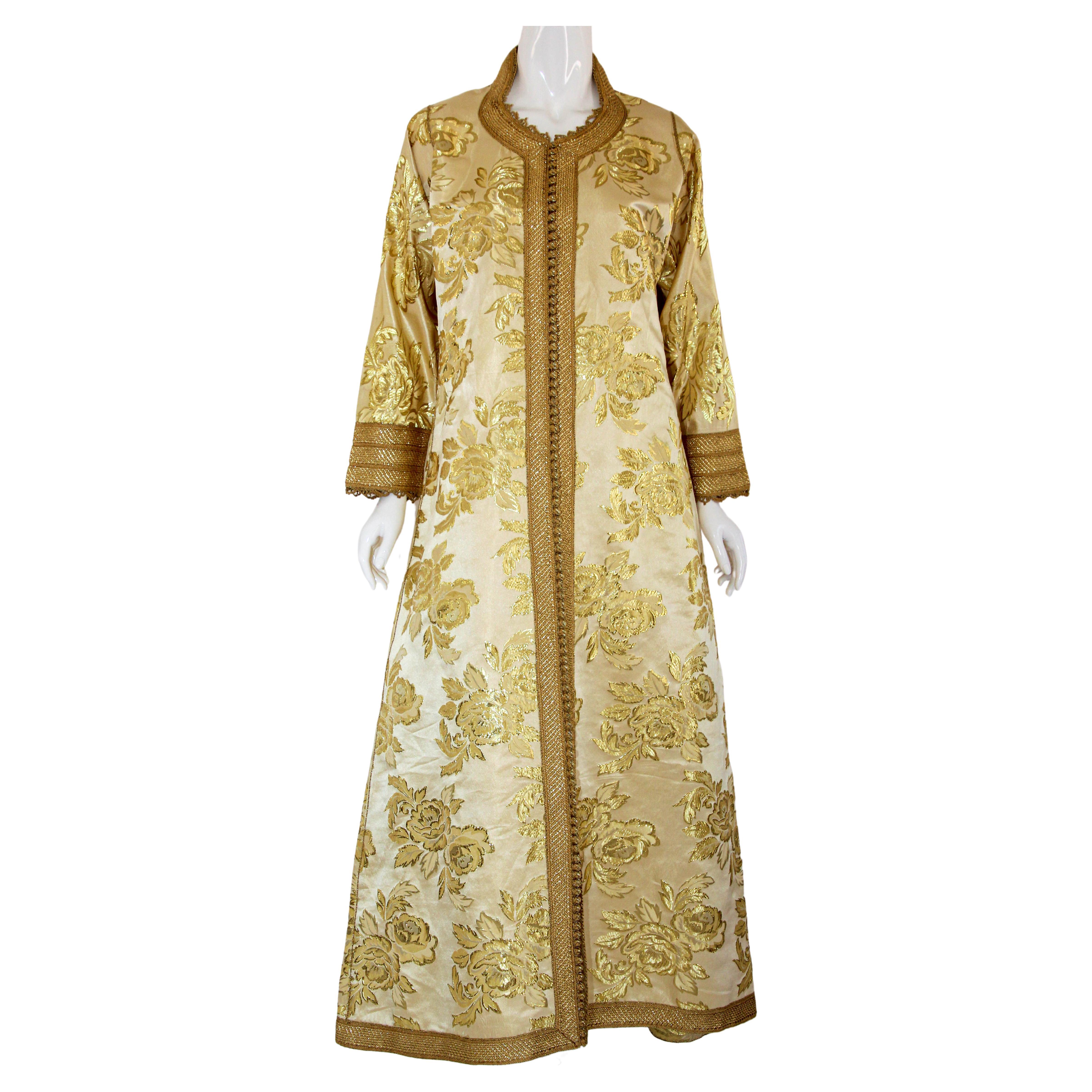 1970 Metallic Gold Brokat Maxikleid Kaftan Vintage Kleid im Angebot