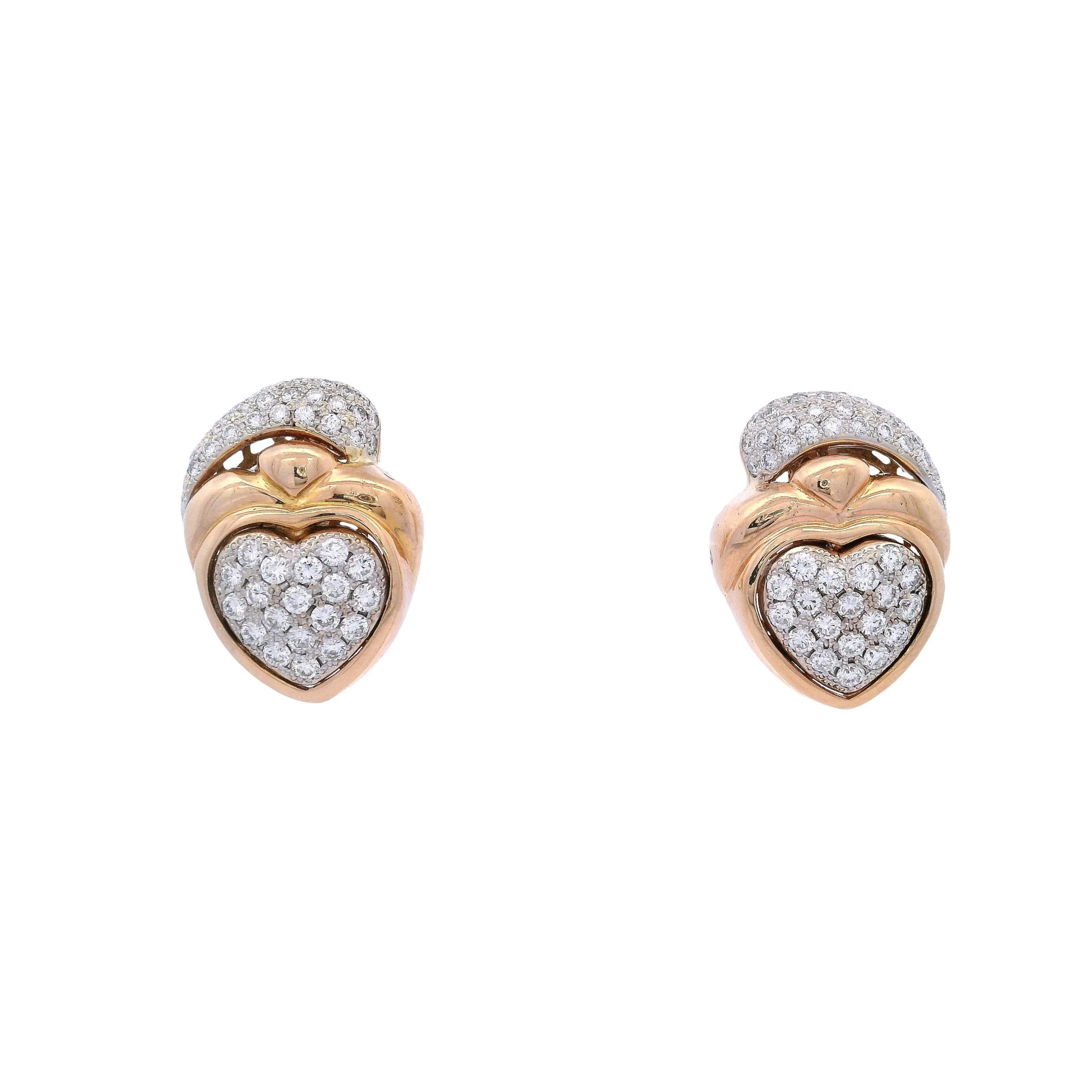 Taglio rotondo Orecchini a cuore in oro giallo 18 carati del 1970 con 2,25 carati di diamanti in vendita