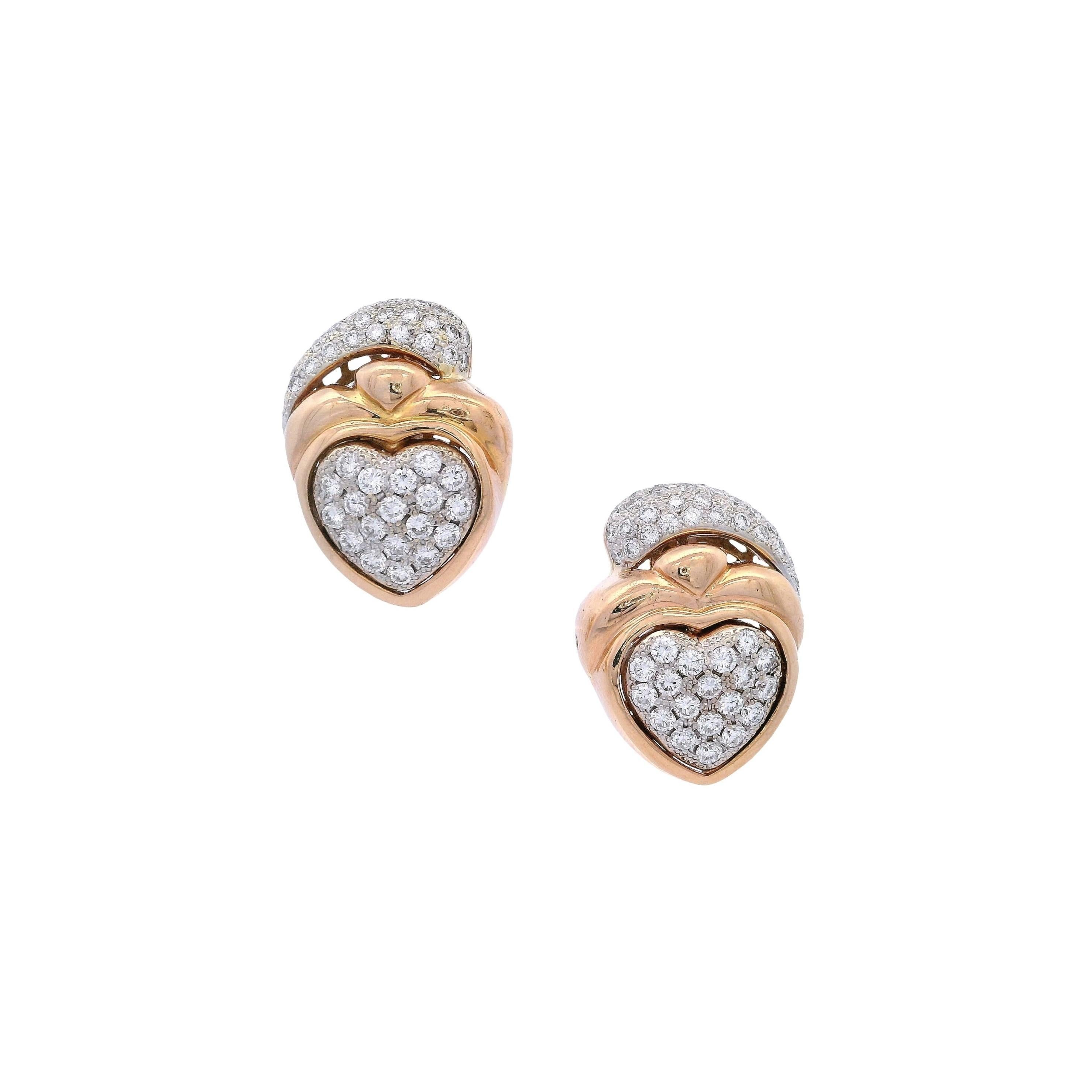 Orecchini a cuore in oro giallo 18 carati del 1970 con 2,25 carati di diamanti