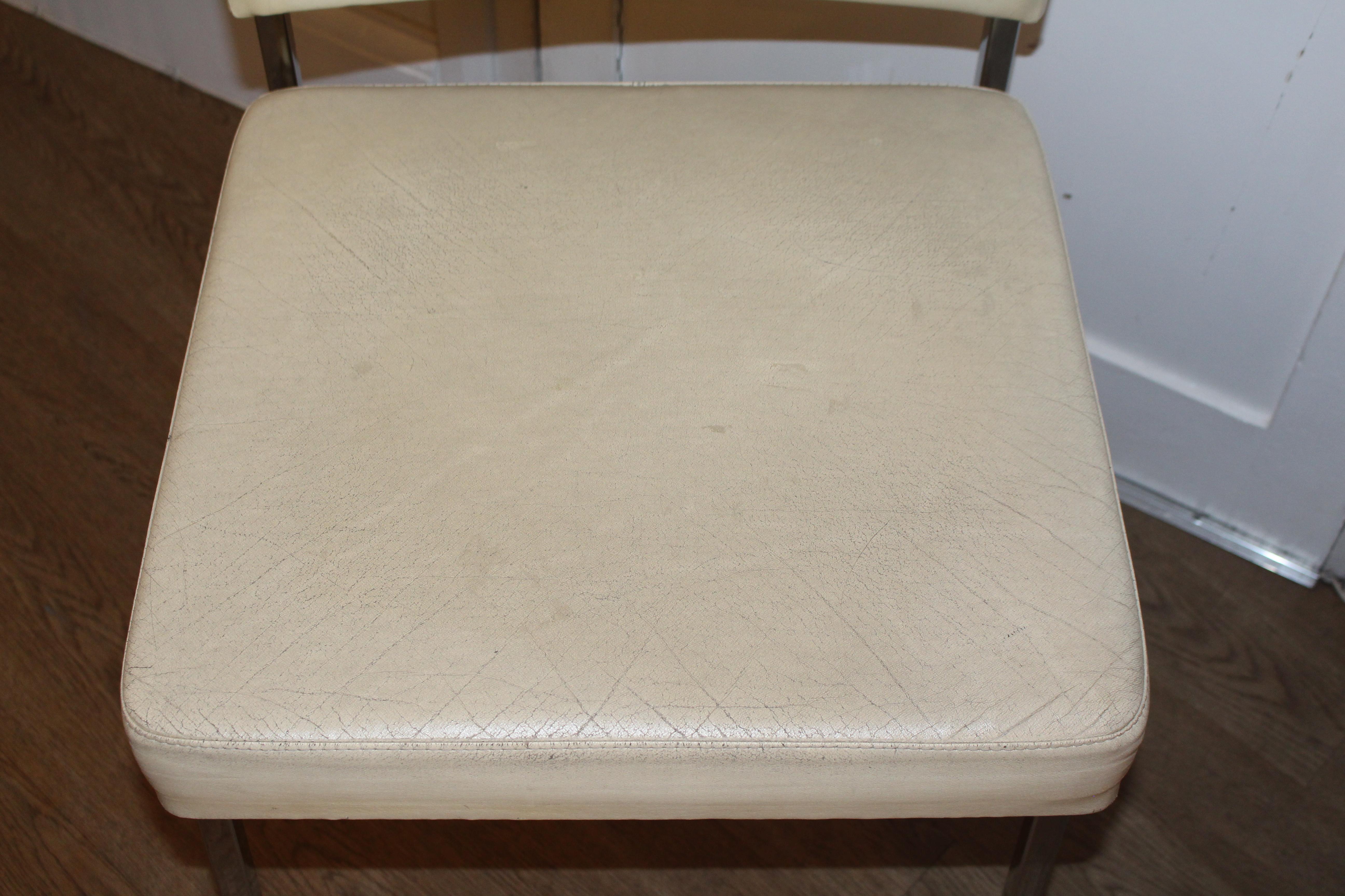 1970's Mid Century Chrome Steel Cream Skai Faux Leather Dining Desk Design Chair For Sale 1