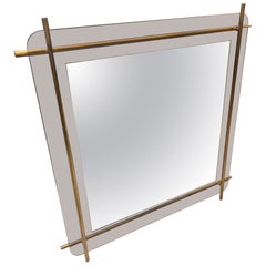 Specchio da parete quadrato in vetro fumé e ottone, stile Mid-Century Modern del 1970, di Renato Zevi