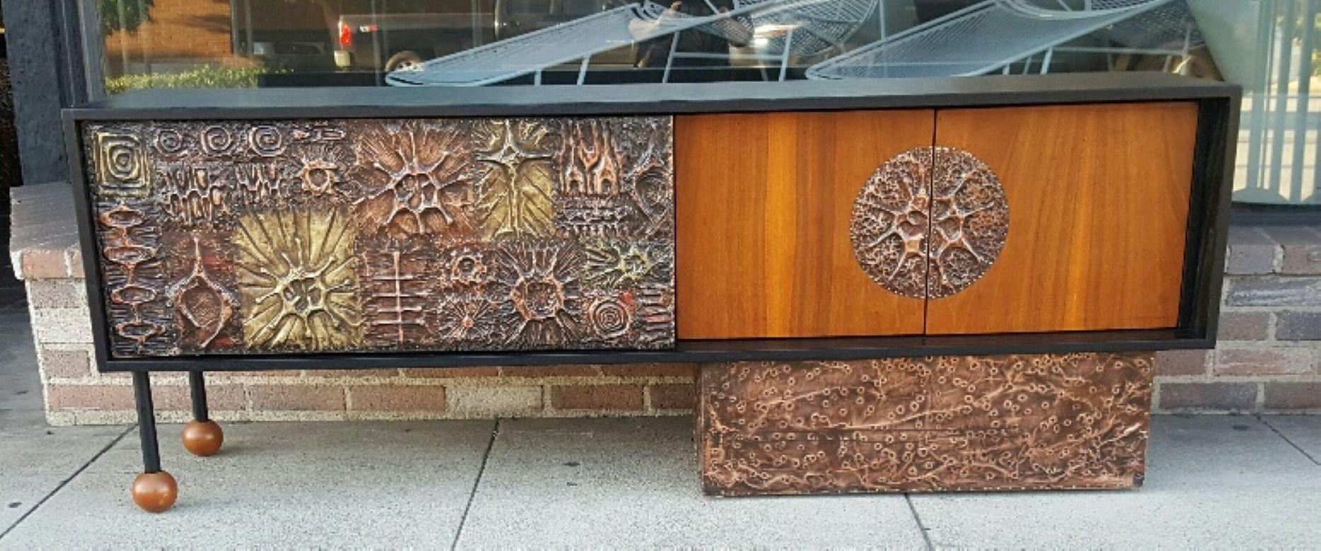 1970 Mid-Century Modern Walnut Credenza with Brutal Copper Tiles by Lou Ramirez 5