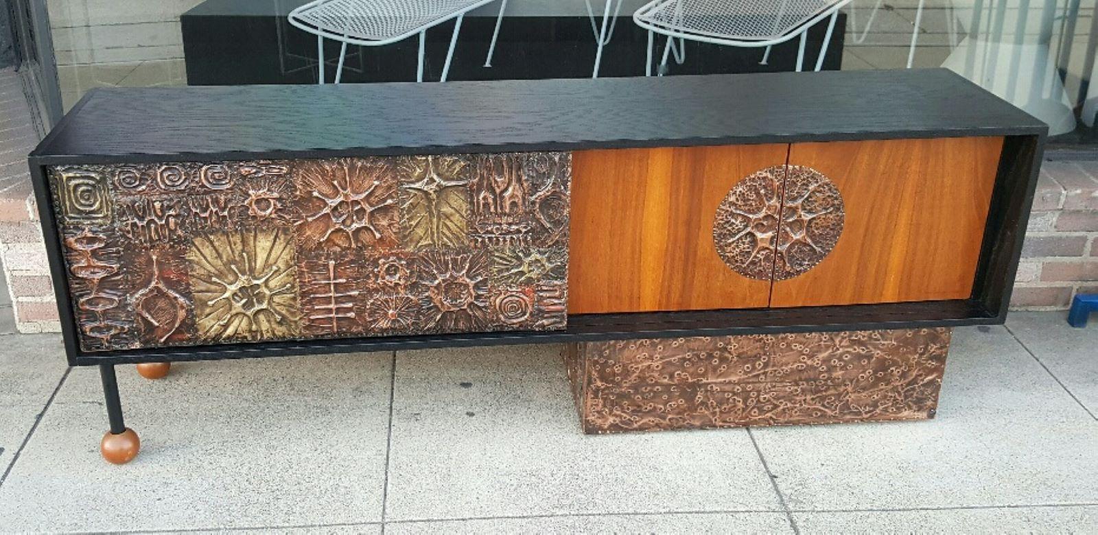 1970 Mid-Century Modern Walnut Credenza with Brutal Copper Tiles by Lou Ramirez 11
