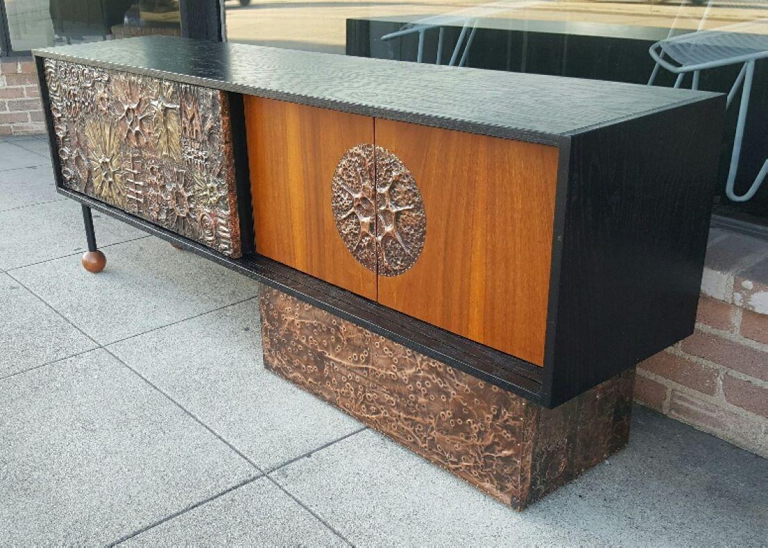 20th Century 1970 Mid-Century Modern Walnut Credenza with Brutal Copper Tiles by Lou Ramirez