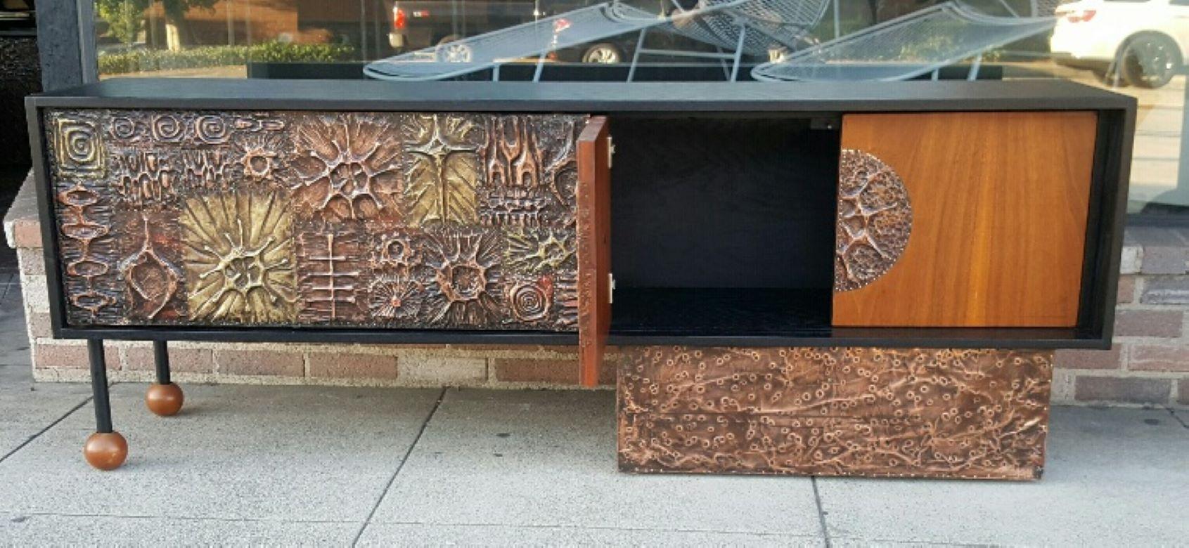 1970 Mid-Century Modern Walnut Credenza with Brutal Copper Tiles by Lou Ramirez 1
