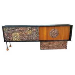 1970 Mid-Century Modern Walnut Credenza with Brutal Copper Tiles by Lou Ramirez