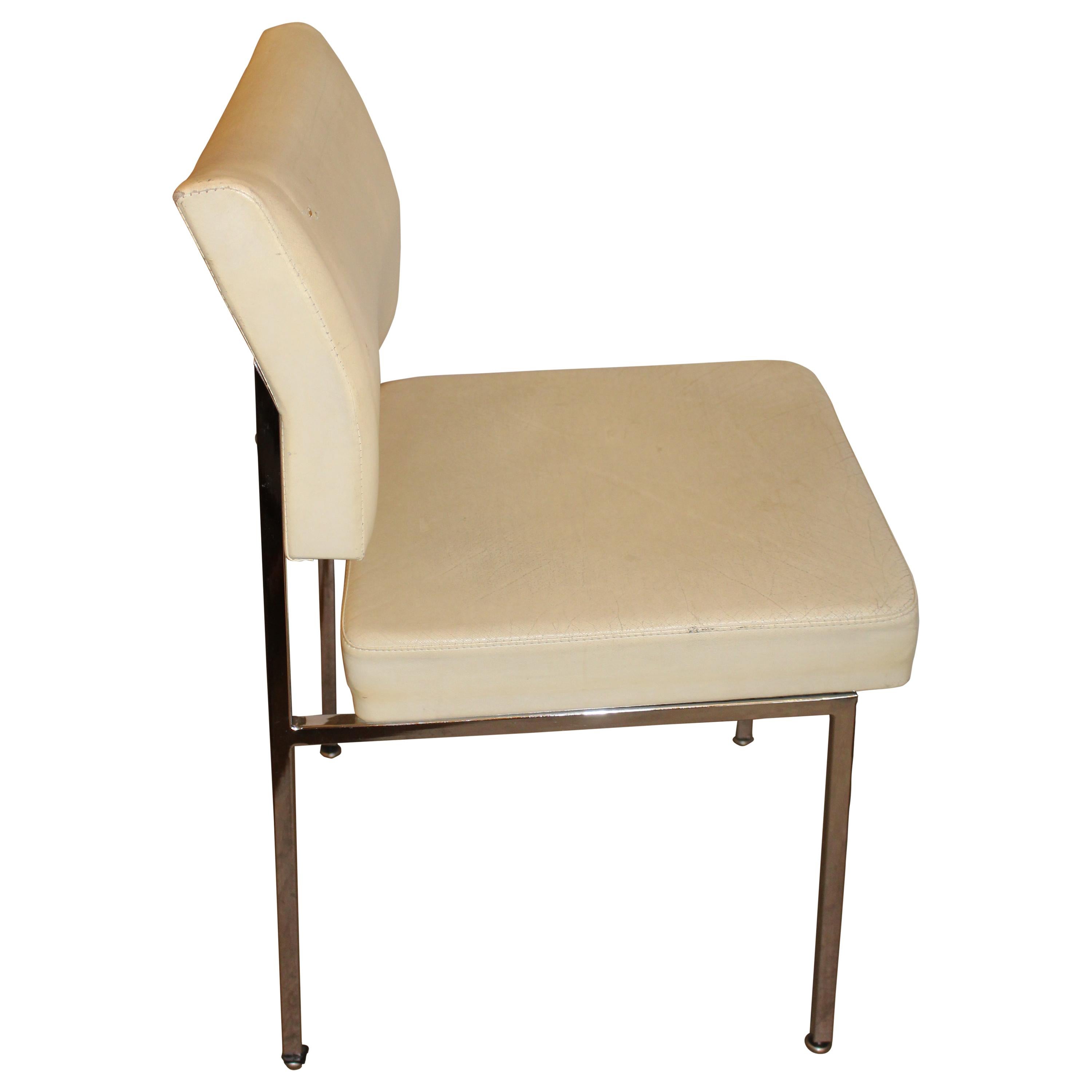 1970's Mid Century Chrome Steel Cream Skai Faux Leather Dining Desk Design Chair For Sale