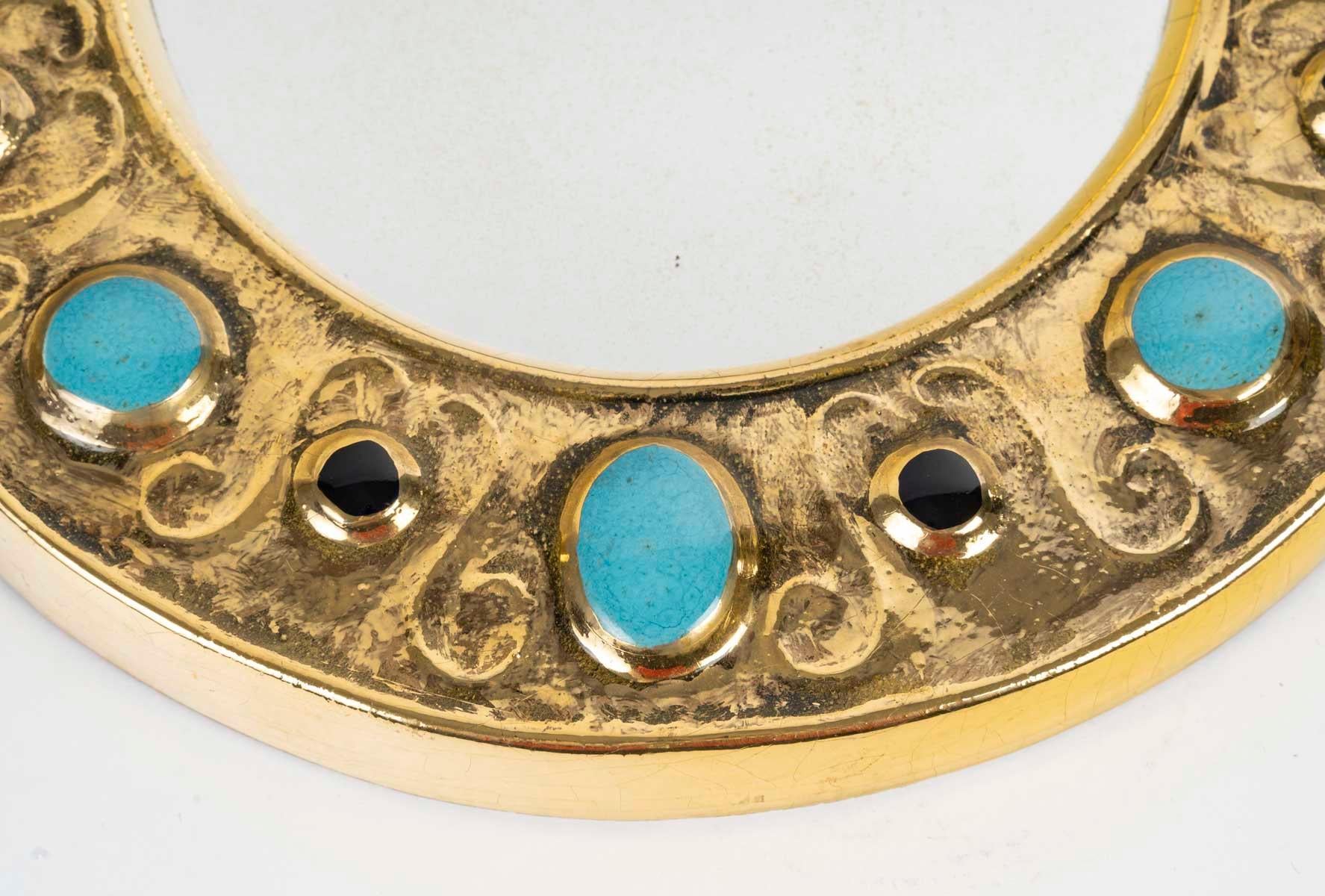 Français 1970 Miroir Francois Lembo, Céramique, Bijoux, Or, Vert Émeraude, Signé en vente