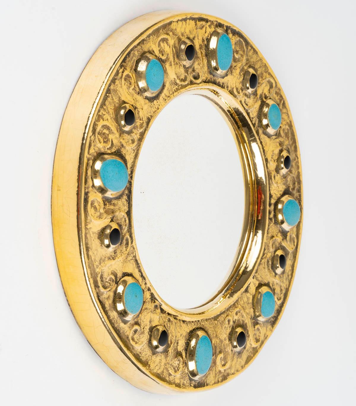 1970 Miroir Francois Lembo, Céramique, Bijoux, Or, Vert Émeraude, Signé Bon état - En vente à Saint-Ouen, FR