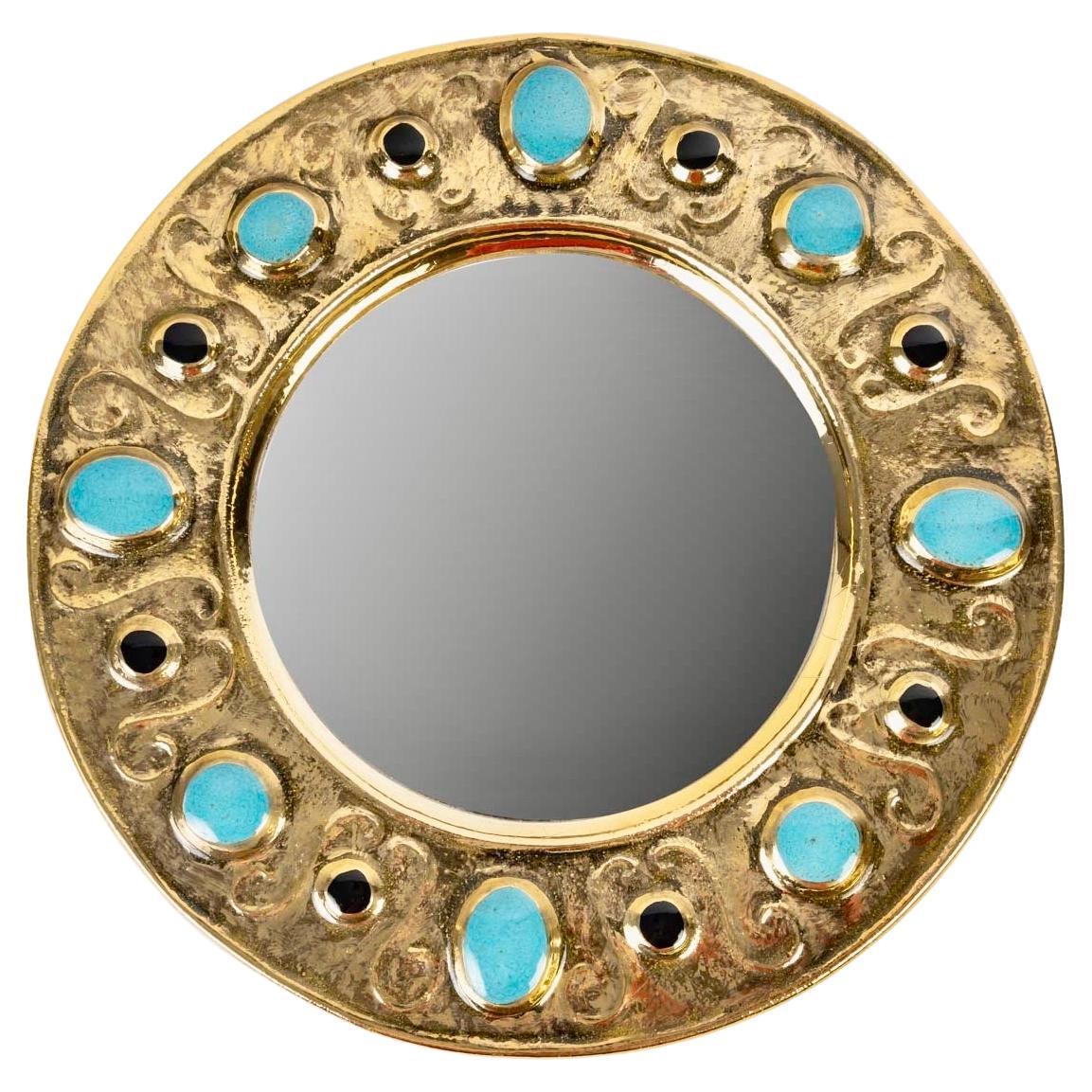 1970 Miroir Francois Lembo, Céramique, Bijoux, Or, Vert Émeraude, Signé