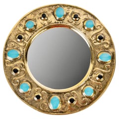1970 Miroir Francois Lembo, Céramique, Bijoux, Or, Vert Émeraude, Signé