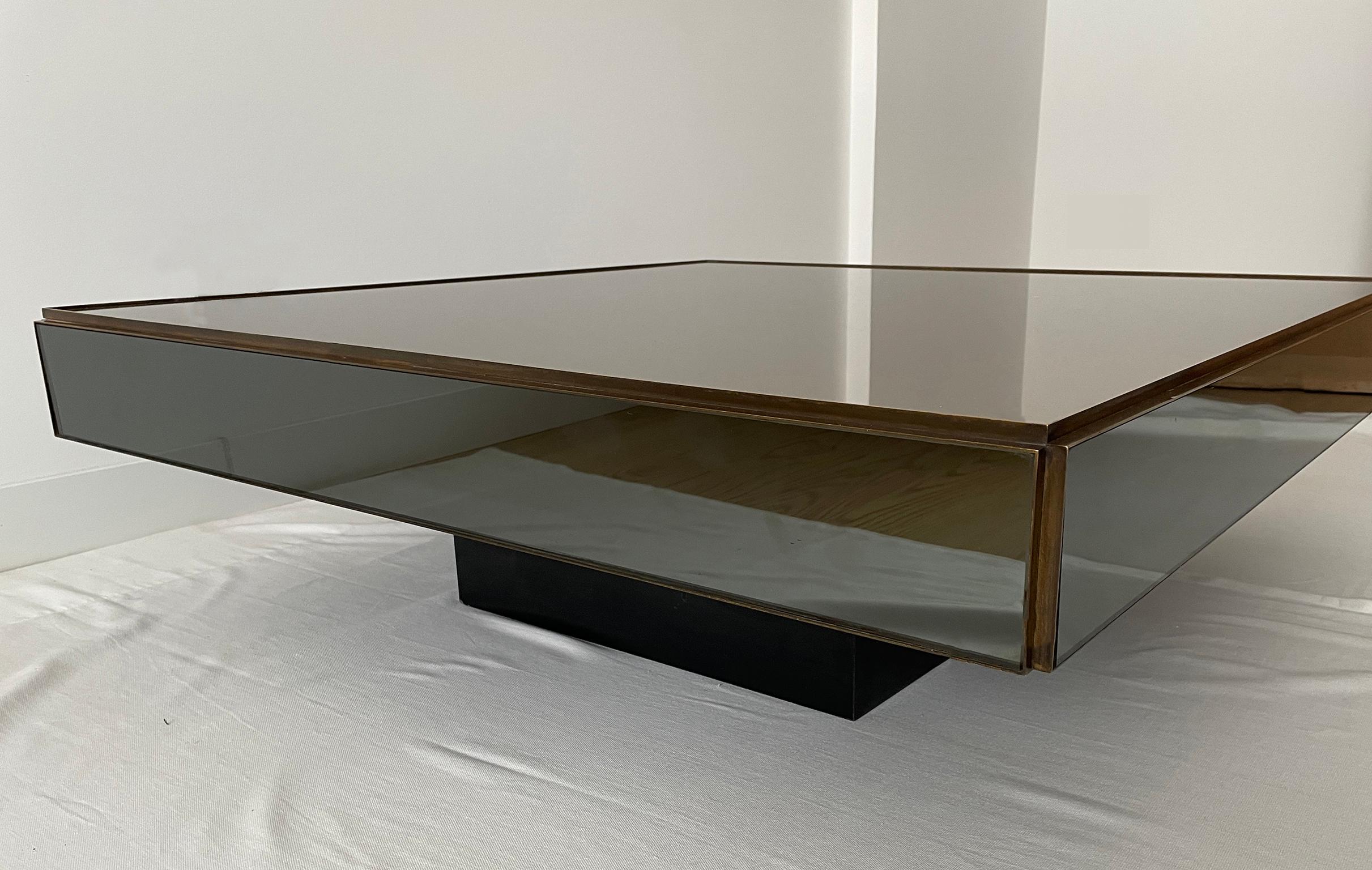 Lacquered 1970 Mirror Glass Bronze Coffe Cocktail Table Willy Rizzo Style For Sale