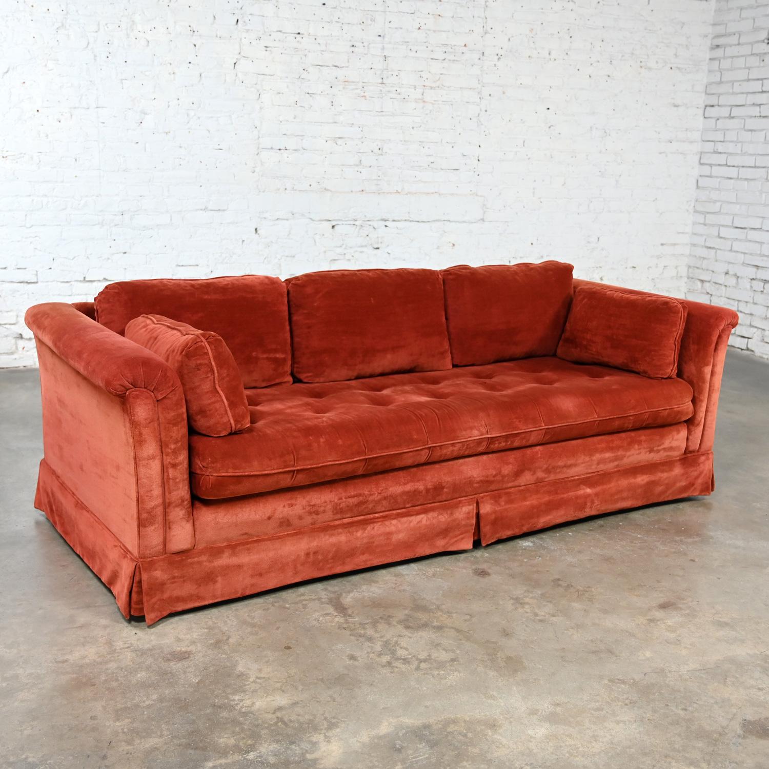 Marvelous vintage original orange chenille tuxedo sofa with rolled arms by Stratford designs a division of Futorian Manufacturing Company. Comprised of tuxedo frame, rolled arms, 3 back & 2 arm ground foam filled cushions, 1 foam bench seat cushion