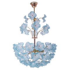 1970 Modernist Hibiscus Bouquet Chandelier Blue Glass Flowers & Brass