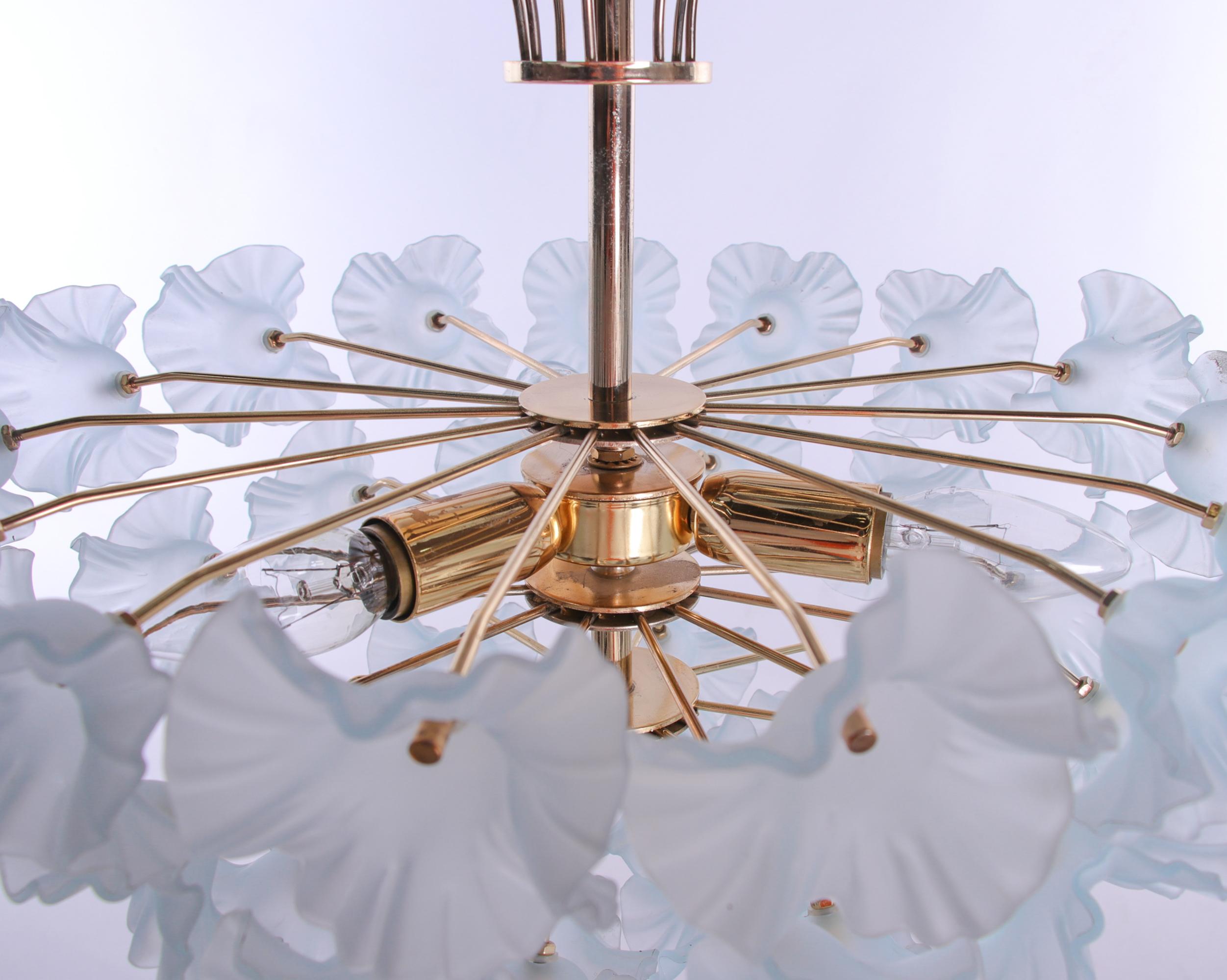 1970 Modernist Hibiscus Bouquet Chandelier Turquoise Glass Flowers & Brass For Sale 1
