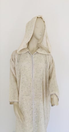 1970 Moroccan Hooded Caftan White and Blue Linen Djellabah Kaftan