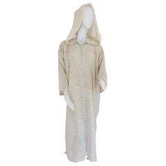 Marokkanischer Djellabah-Kaftan aus weißem und blauem Leinen mit Kapuze, Djellabah, 1970