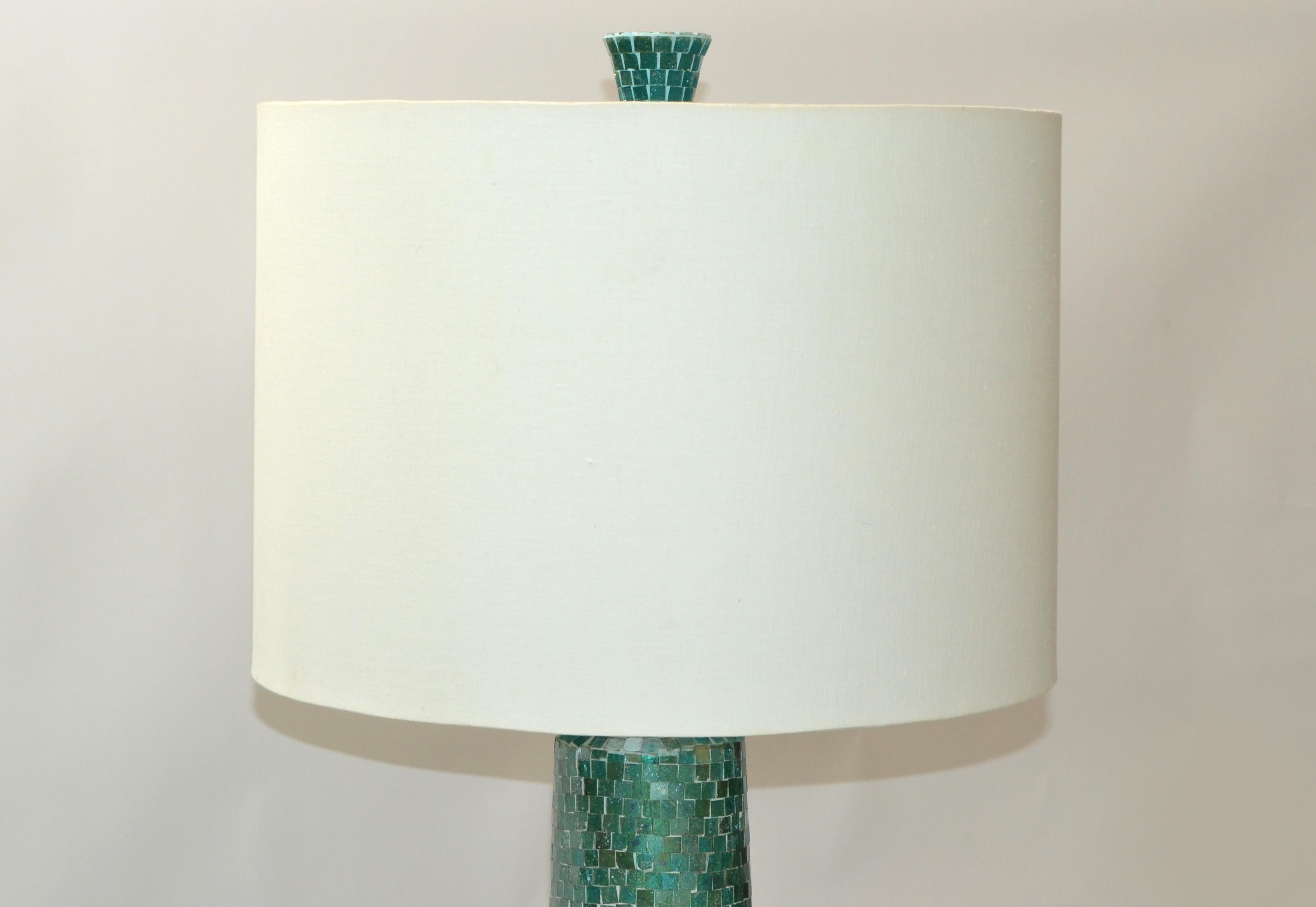 Fabric 1970, Mosaic Glass over Wood Turquoise & Green Floor Lamp White Mint Drum Shade 