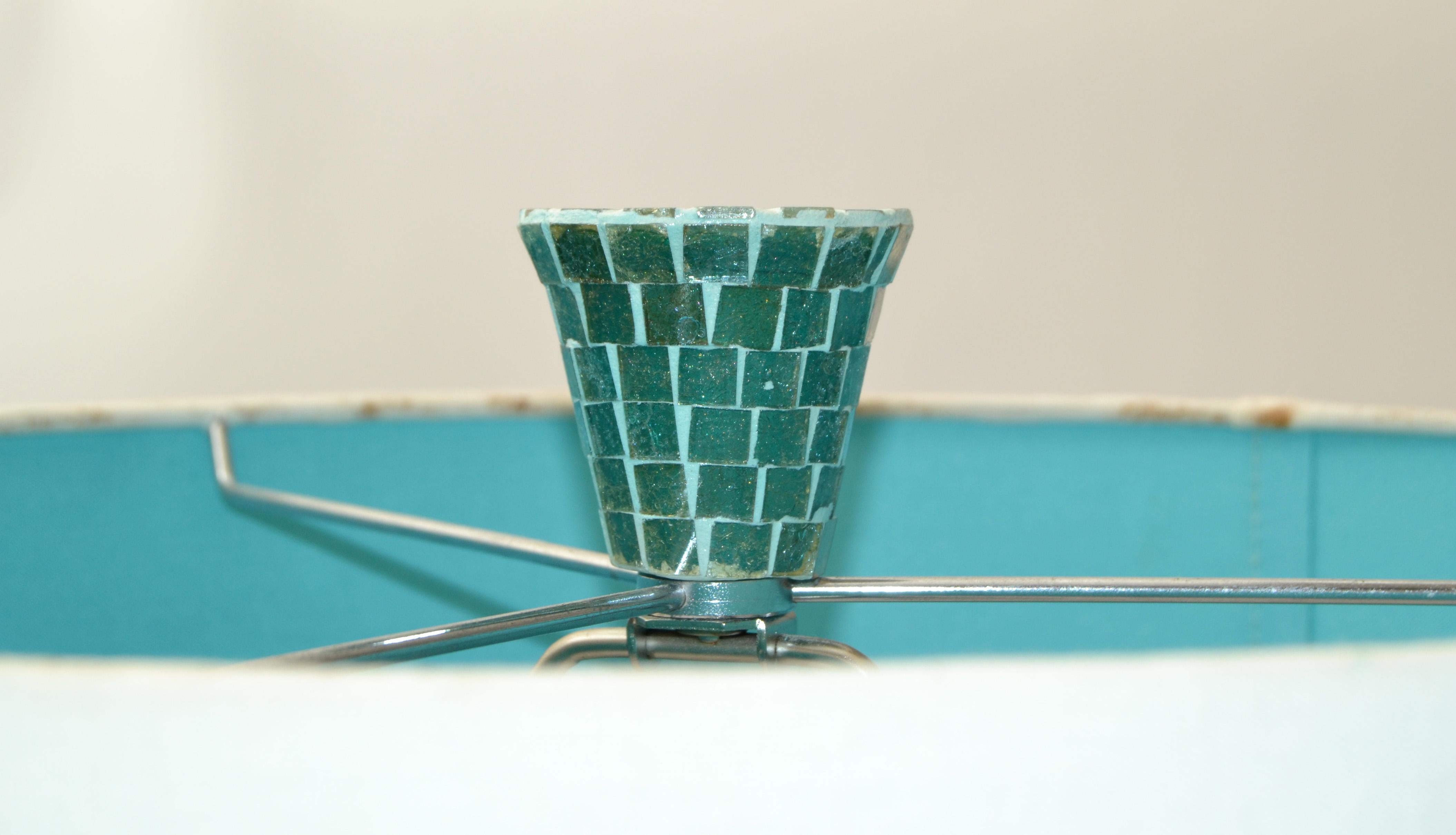 1970, Mosaic Glass over Wood Turquoise & Green Floor Lamp White Mint Drum Shade  1