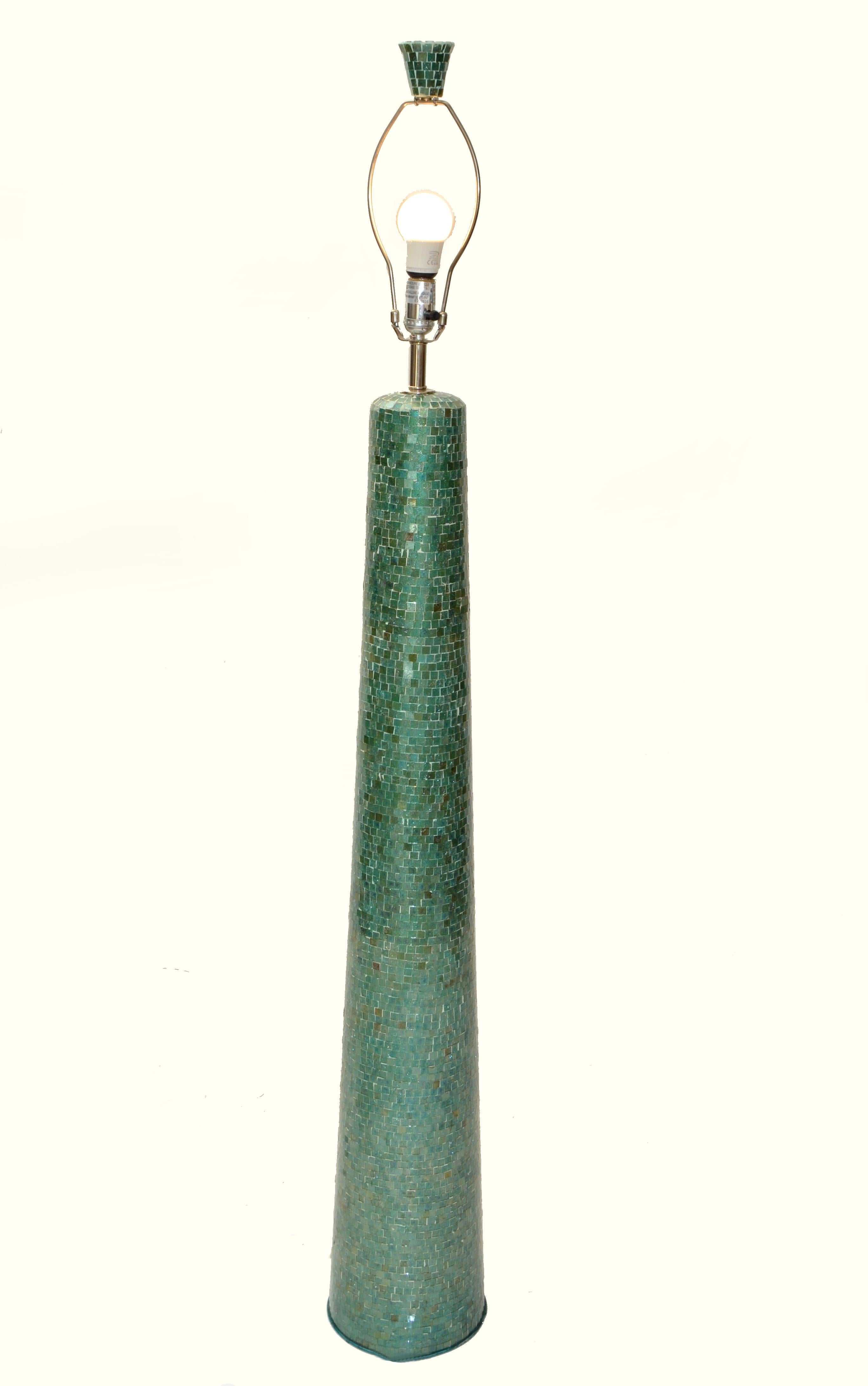 1970, Mosaic Glass over Wood Turquoise & Green Floor Lamp White Mint Drum Shade 3