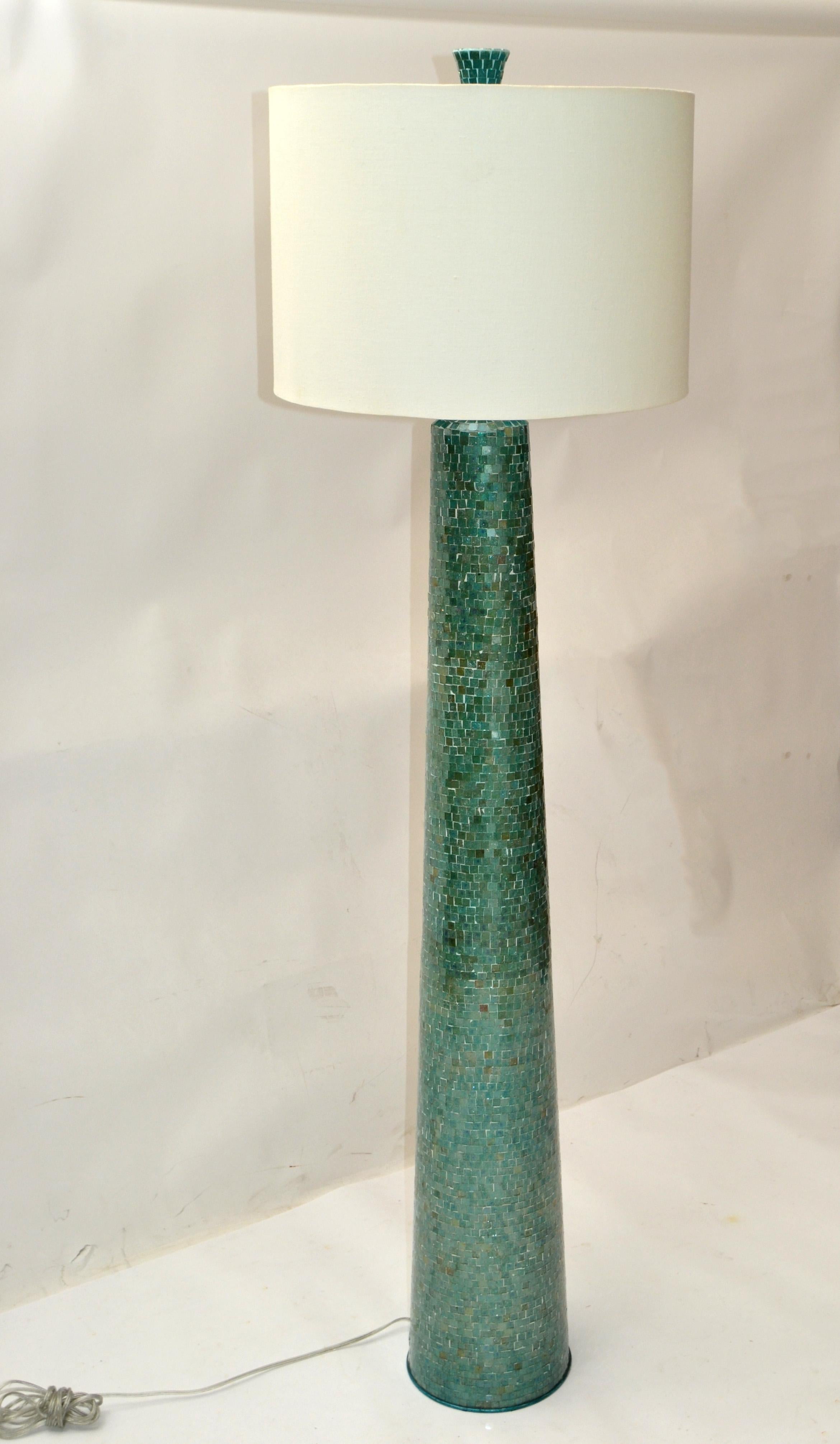 1970, Mosaic Glass over Wood Turquoise & Green Floor Lamp White Mint Drum Shade  5