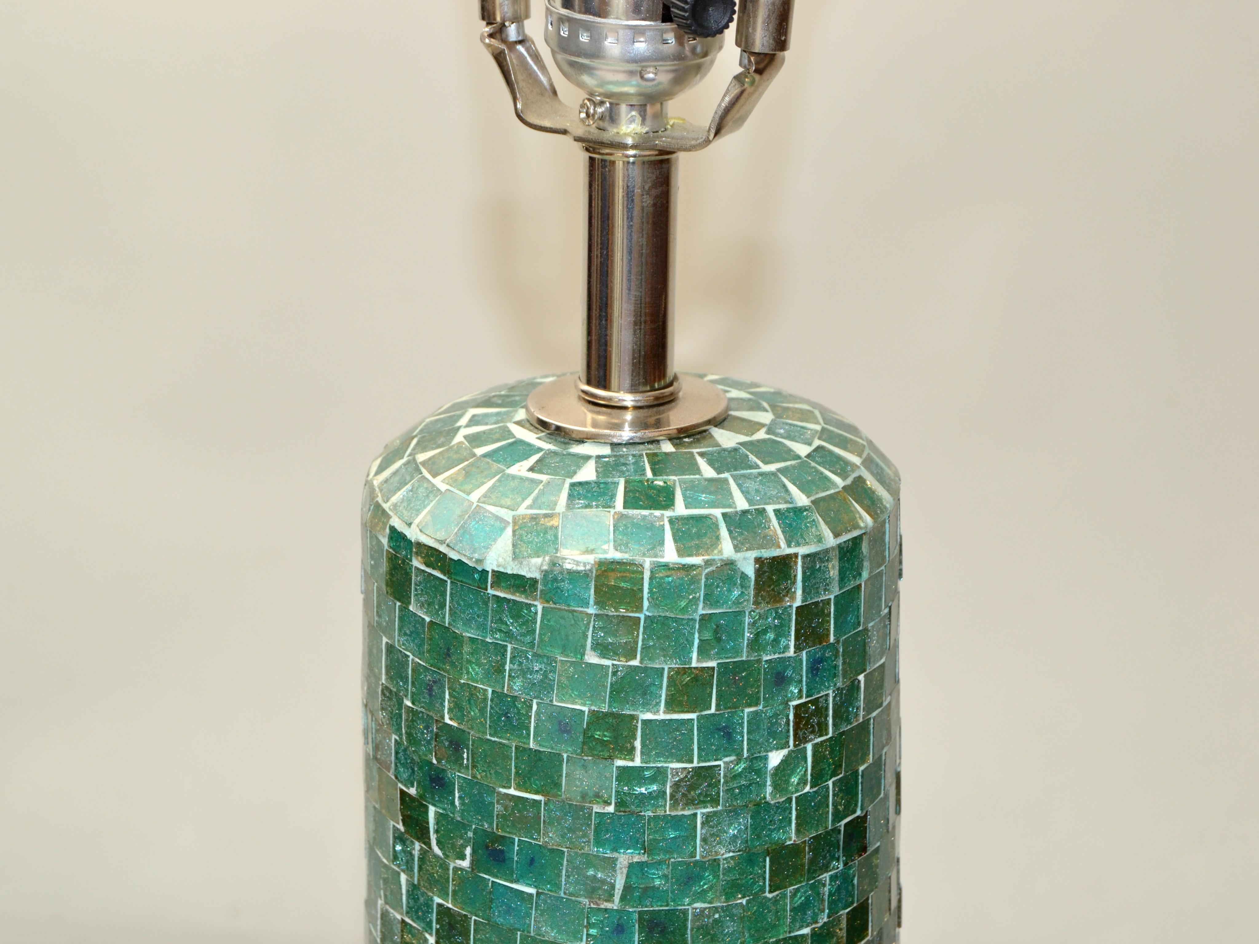 Hollywood Regency 1970, Mosaic Glass over Wood Turquoise & Green Floor Lamp White Mint Drum Shade 
