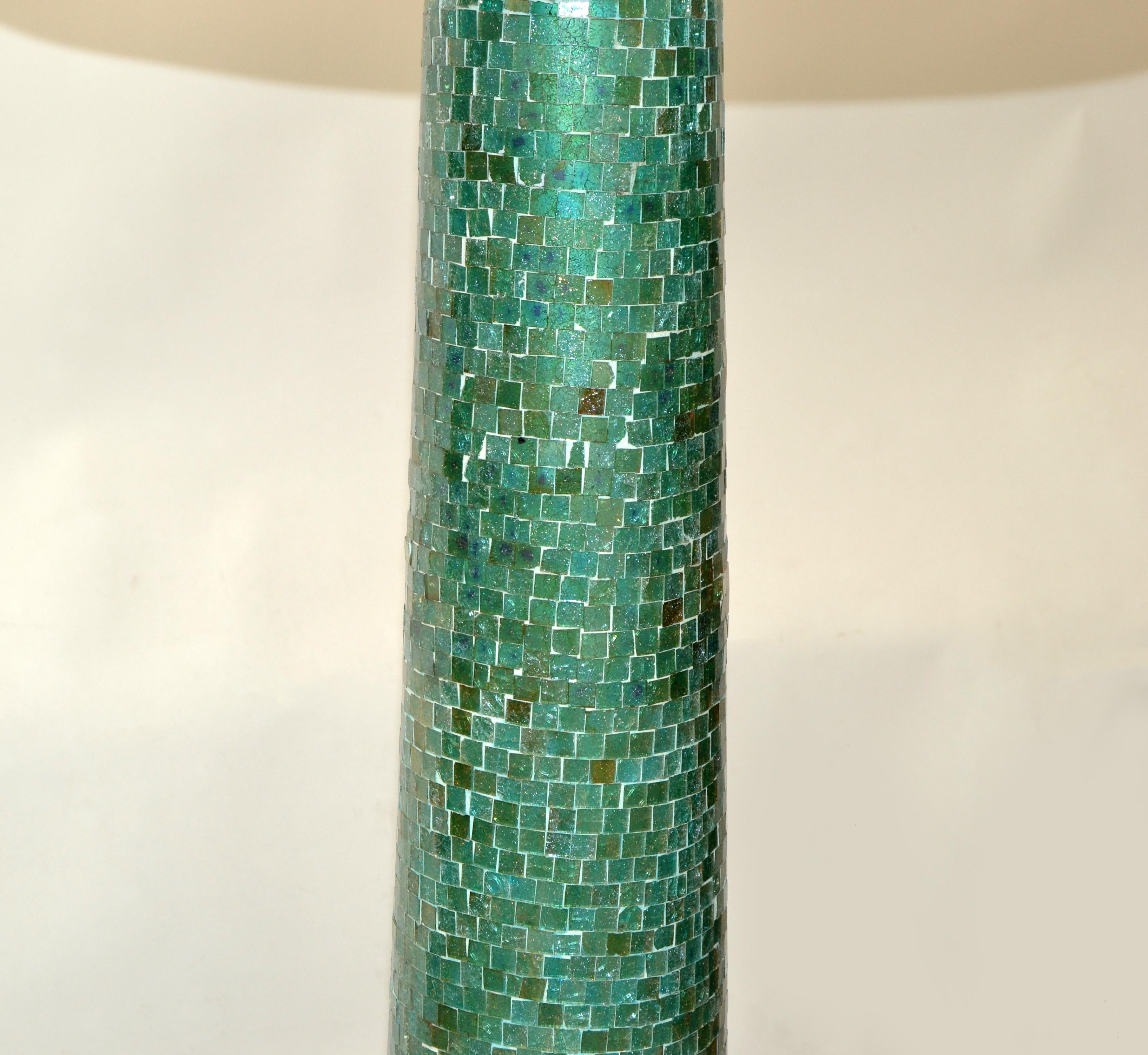 American 1970, Mosaic Glass over Wood Turquoise & Green Floor Lamp White Mint Drum Shade 