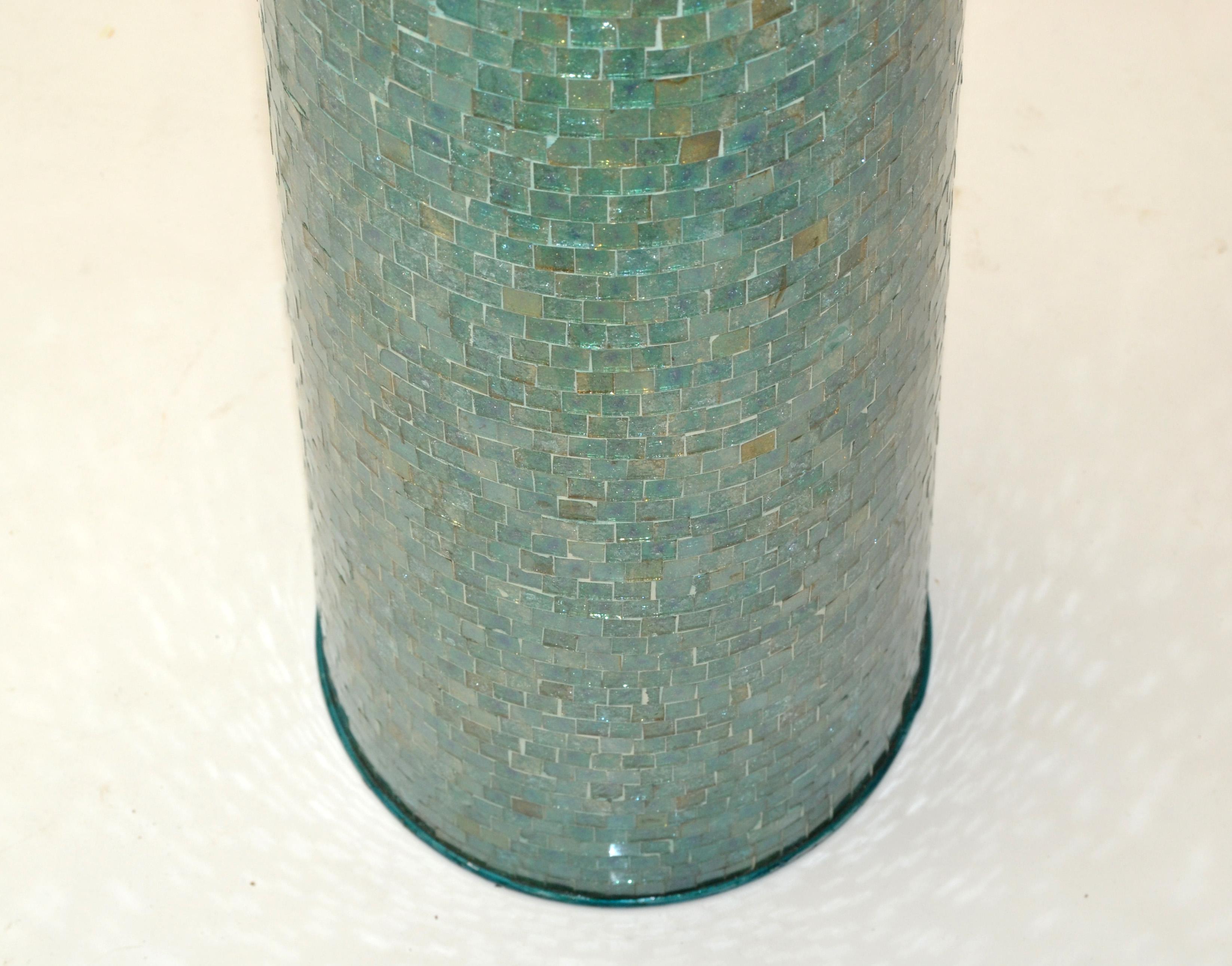 1970, Mosaic Glass over Wood Turquoise & Green Floor Lamp White Mint Drum Shade  In Good Condition In Miami, FL