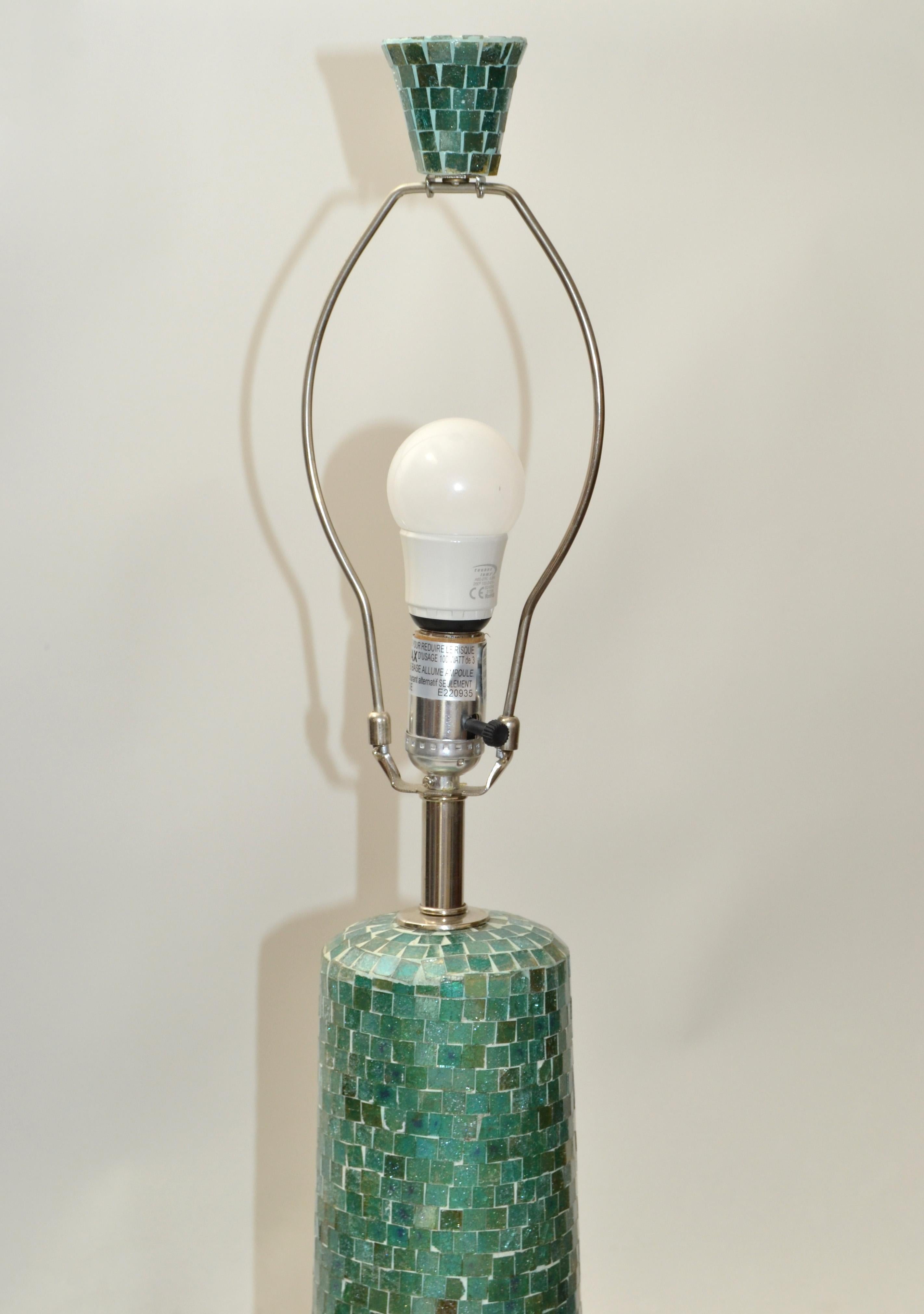 Late 20th Century 1970, Mosaic Glass over Wood Turquoise & Green Floor Lamp White Mint Drum Shade 