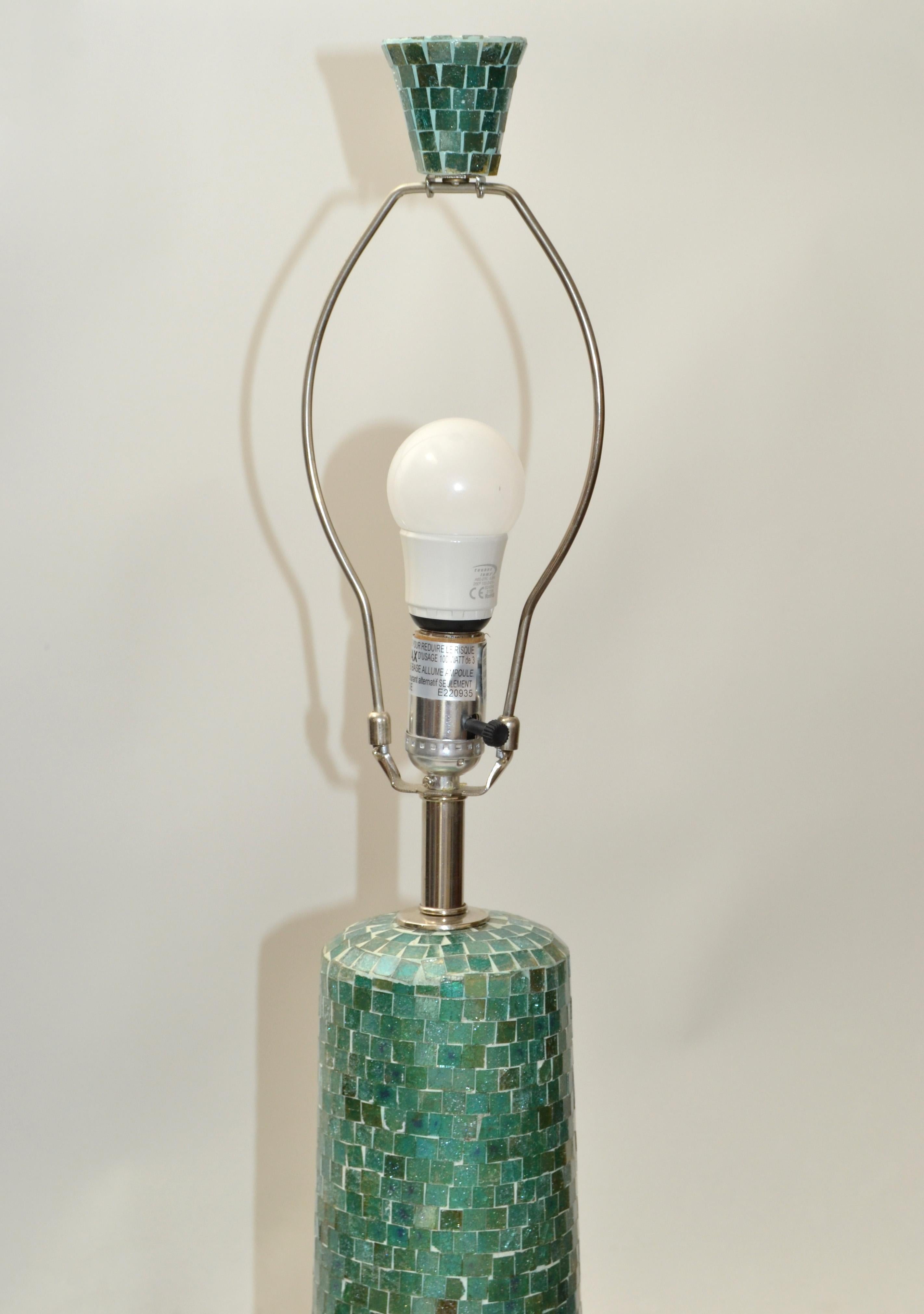 Late 20th Century 1970, Mosaic Glass over Wood Turquoise & Green Floor Lamp White Mint Drum Shade