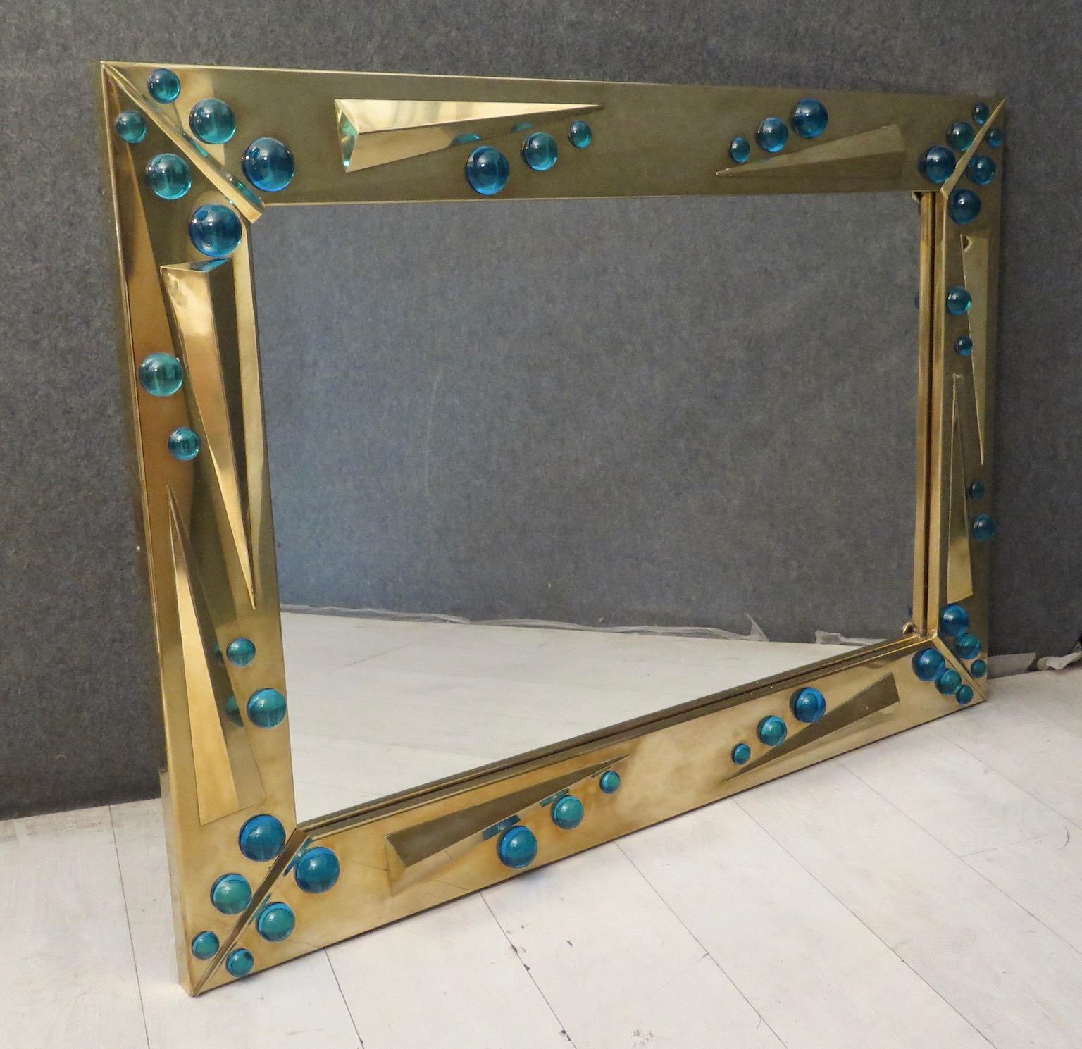Murano Art Glass and Brass Italian Midcentury Mirror. 1970 In Good Condition In Rome, IT