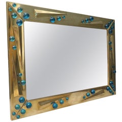 Retro Murano Art Glass and Brass Italian Midcentury Mirror. 1970