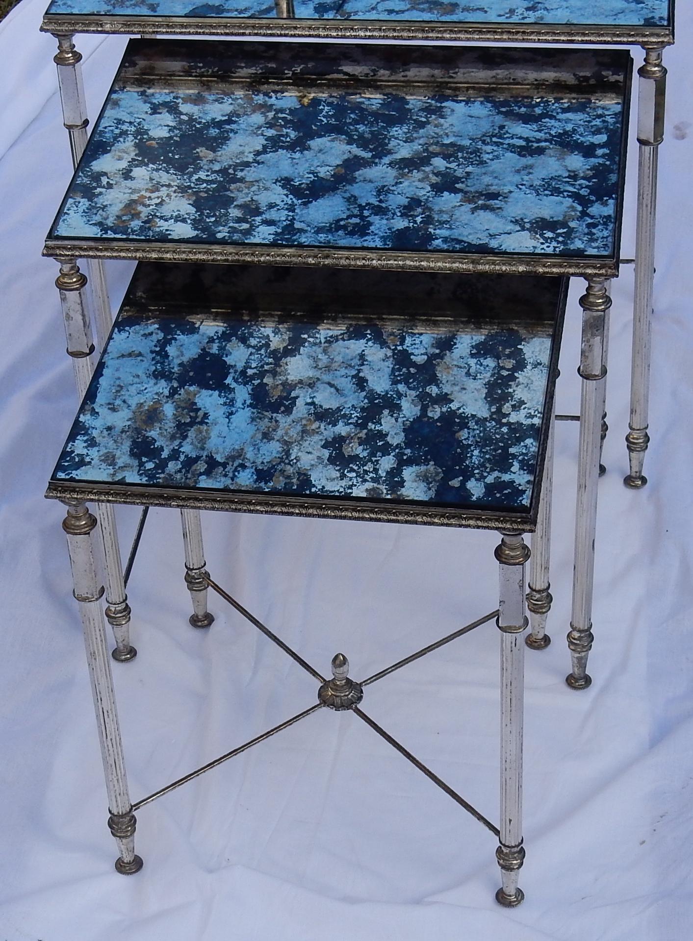 French 1970 Nesting Side Tables Silvered Metal in the Style of Maison Baguès For Sale
