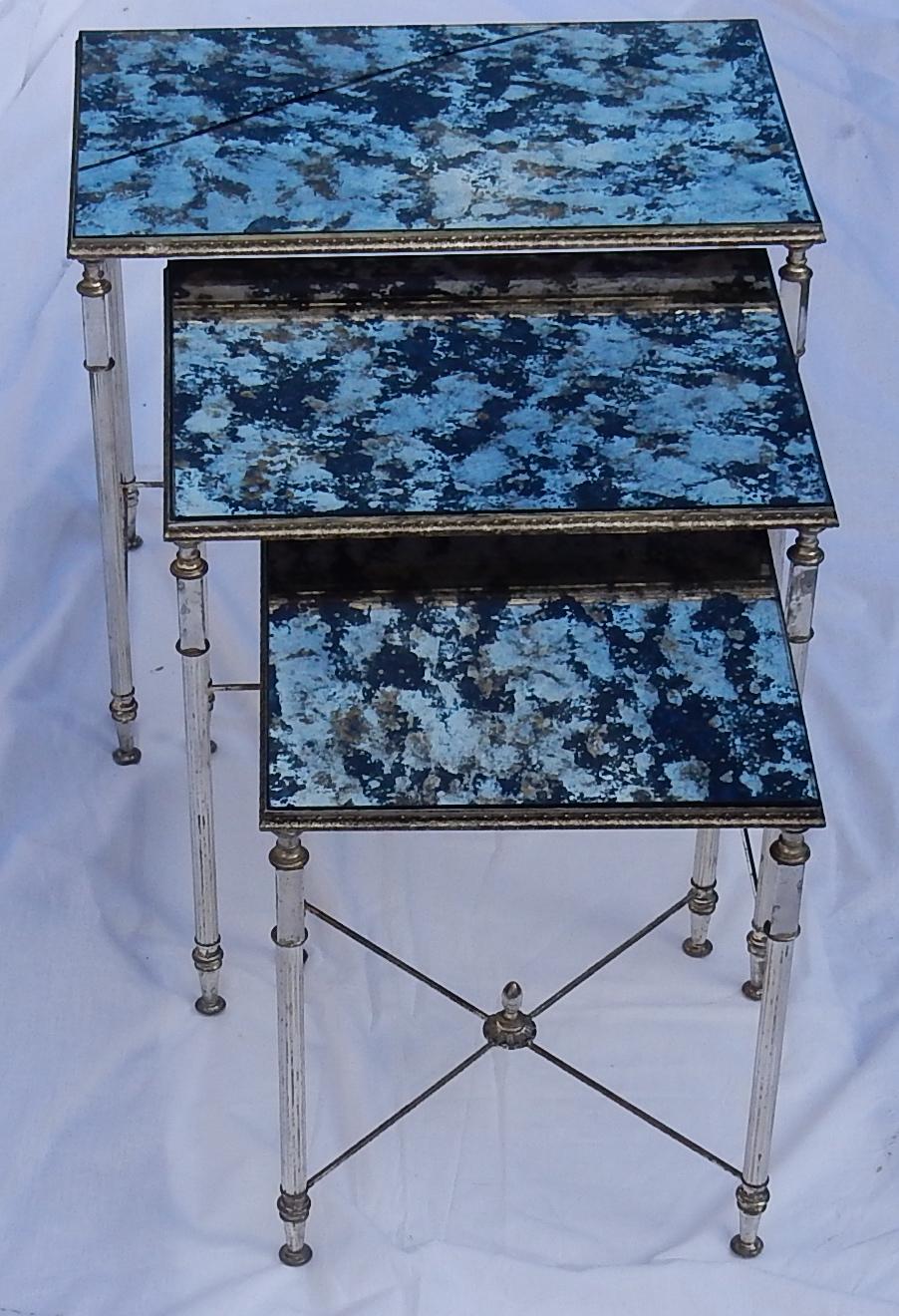 Late 20th Century 1970 Nesting Side Tables Silvered Metal in the Style of Maison Baguès For Sale