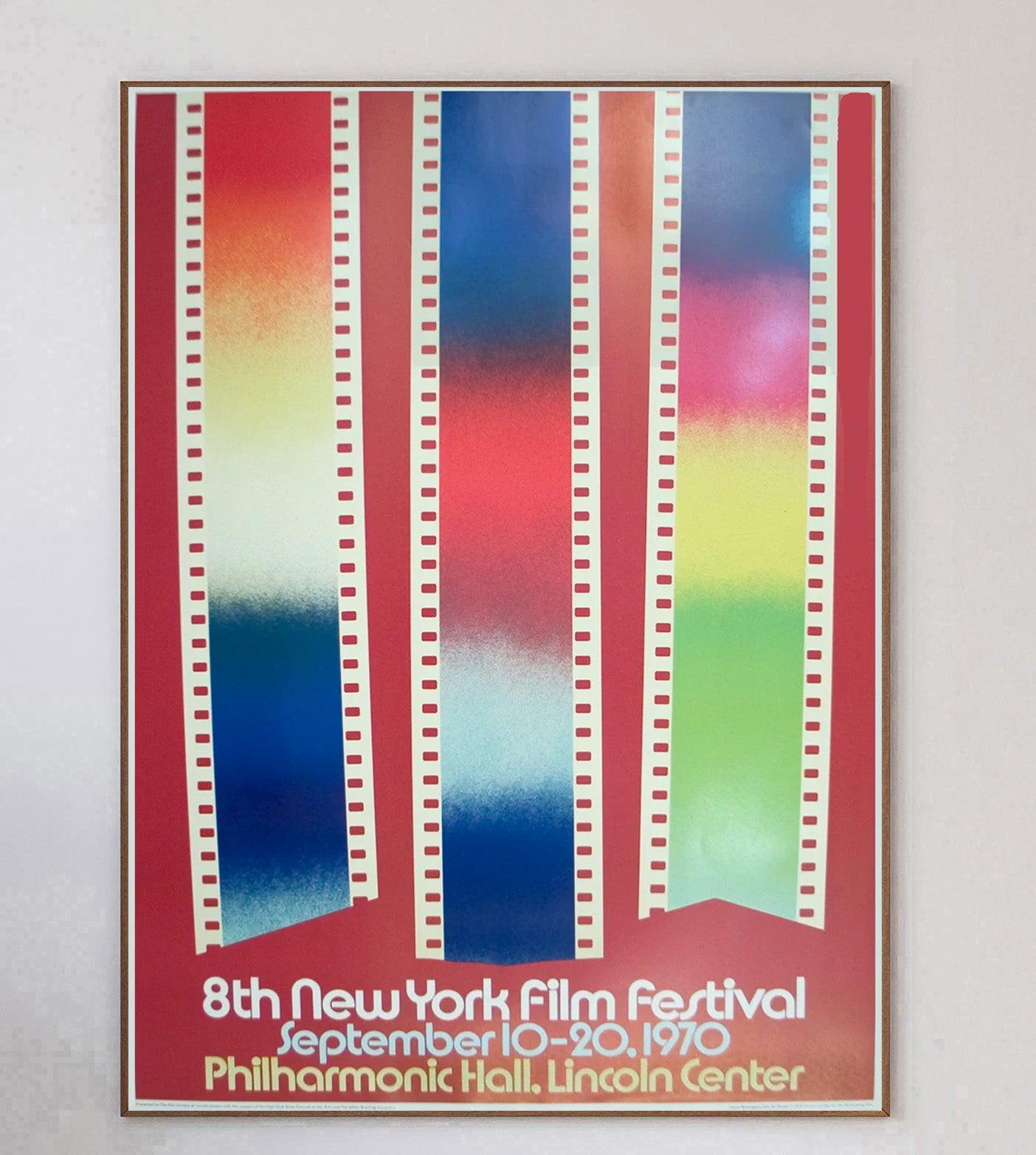 Beautiful poster for the 8th New York Film Festival, held between September 10th to 20th 1970 at the Philharmonic Hall at Lincoln Center. This piece 