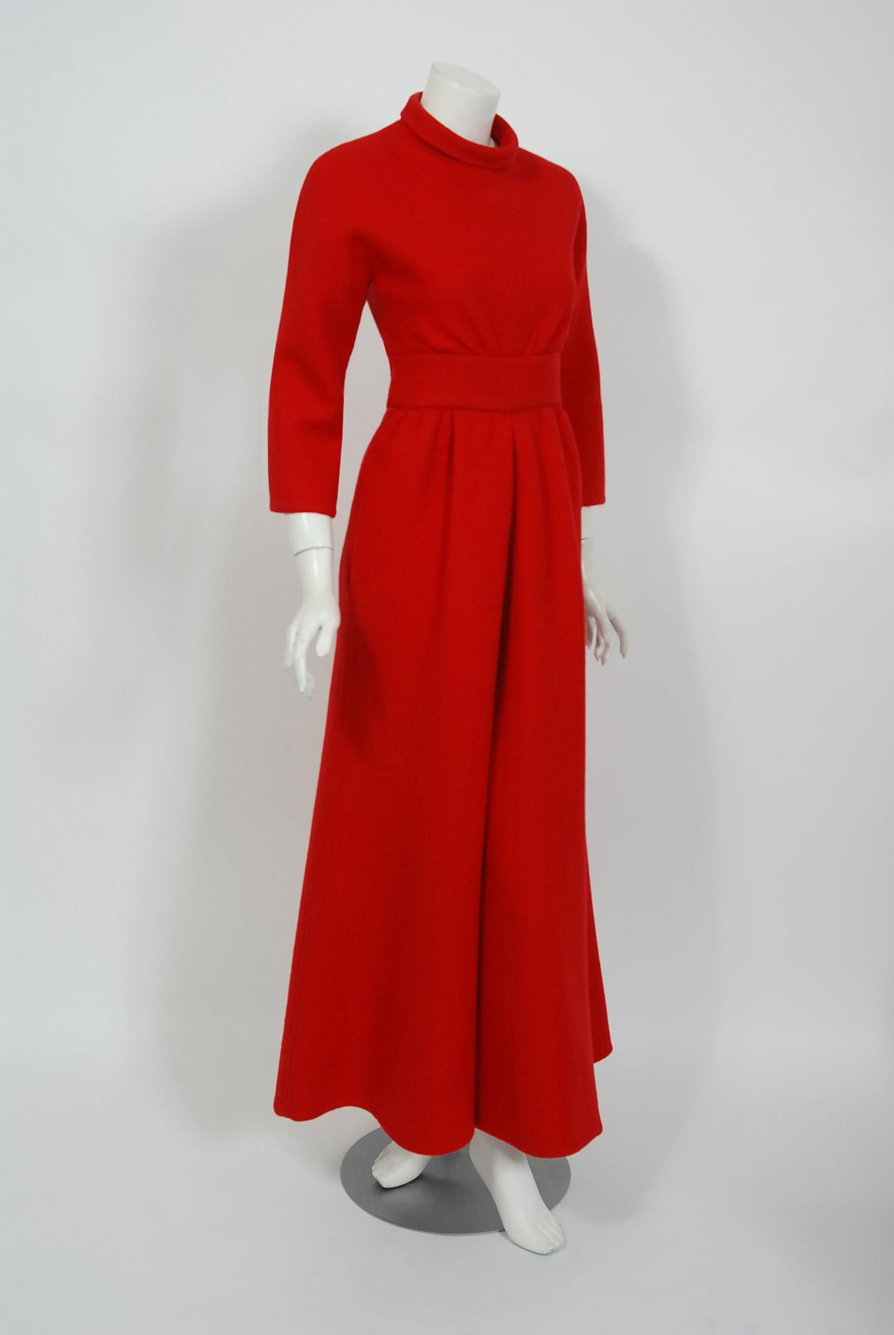Women's Vintage 1967 Nina Ricci Haute Couture Documented Ruby Red Wool Mod Jumpsuit For Sale