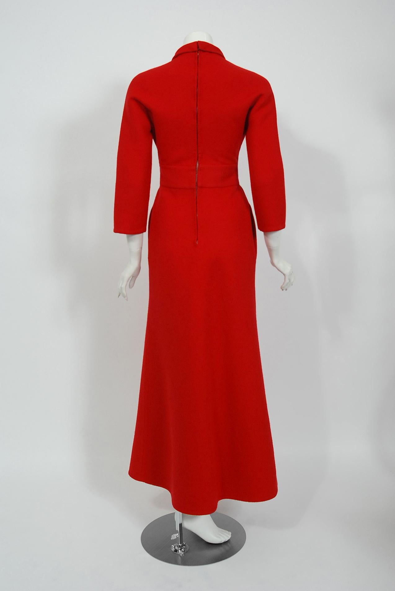 Vintage 1967 Nina Ricci Haute Couture Documented Ruby Red Wool Mod Jumpsuit For Sale 3