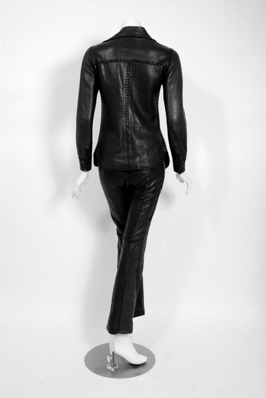 Vintage 1970 North Beach Leather Black Handmade Whipstitch Jacket & Pants Set  In Good Condition In Beverly Hills, CA