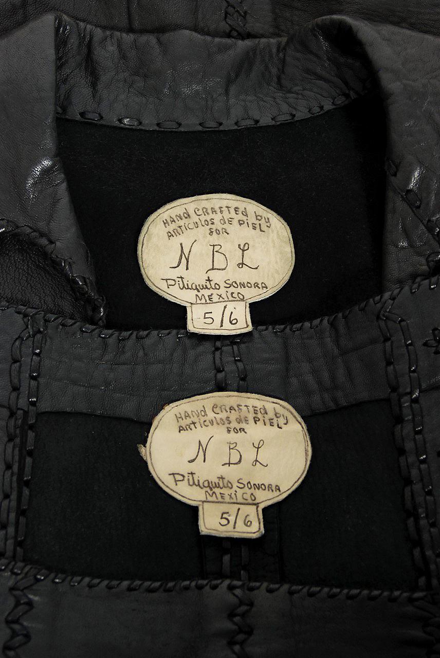 Set aus Jacke & Hose aus schwarzem North Beach-Leder, handgefertigt, Peitschenstich, Vintage 1970  4