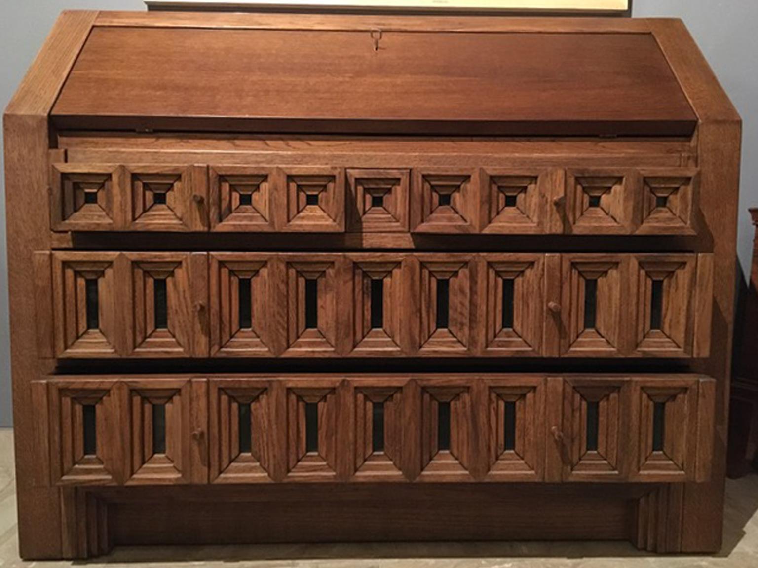 1970 Officina Rivadossi Oak Desk or Cabinet with Drawers in Brutalist Style 4