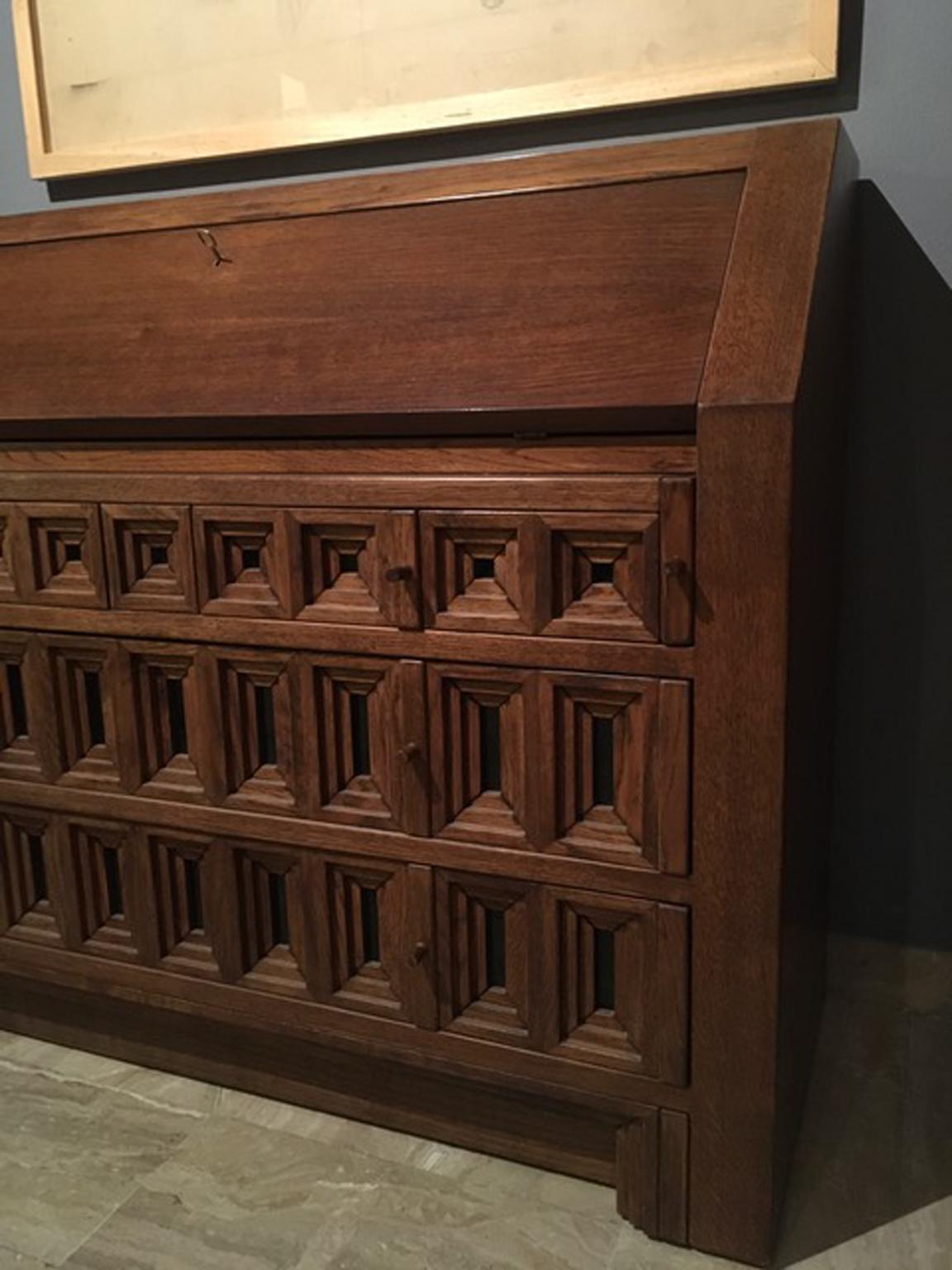 1970 Officina Rivadossi Oak Desk or Cabinet with Drawers in Brutalist Style 6