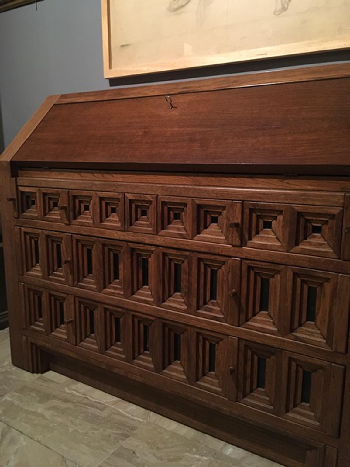 1970 Officina Rivadossi Oak Desk or Cabinet with Drawers in Brutalist Style 7