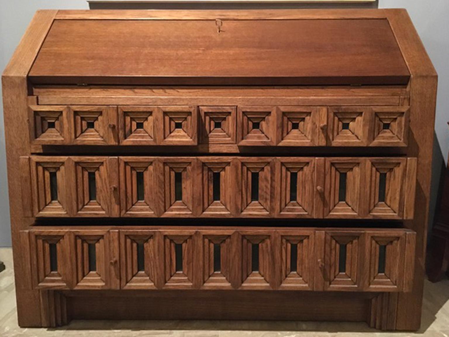 Italian 1970 Officina Rivadossi Oak Desk or Cabinet with Drawers in Brutalist Style