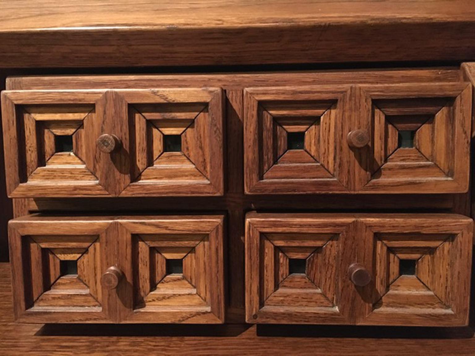 1970 Officina Rivadossi Oak Desk or Cabinet with Drawers in Brutalist Style 1