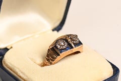 Vintage 18K Yellow Gold Ring. Diamond Sapphire Accent Owl Ring Sculpted 1970